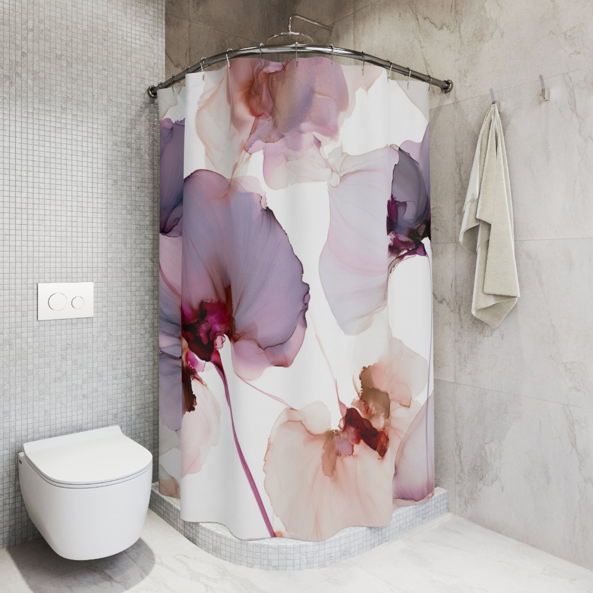 a bathroom with a shower curtain adorned with a floral pattern in shades of pink and purple. The shower curtain is hanging on a rod next to a towel rack. The bathroom has a white toilet and a white tiled wall, creating a clean and modern aesthetic.