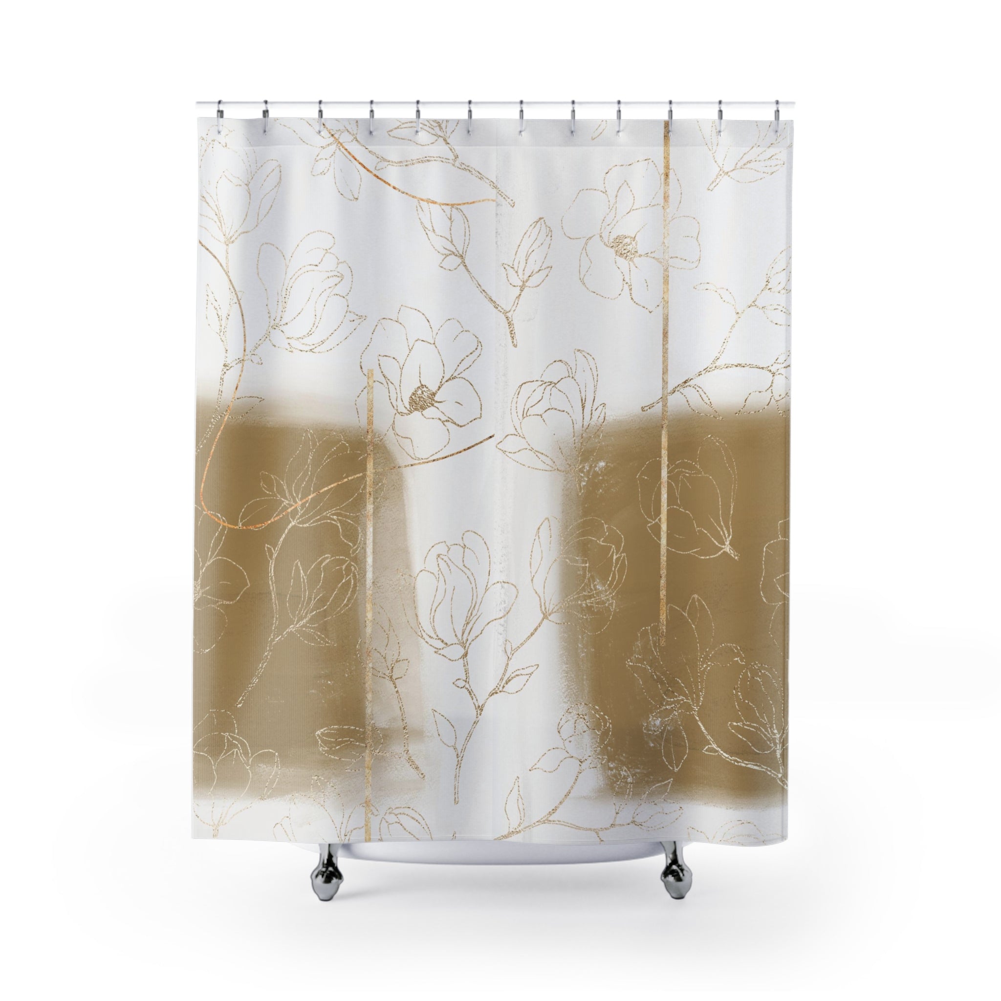 Boho Abstract Shower Curtain | Camel Beige White Floral Line Art