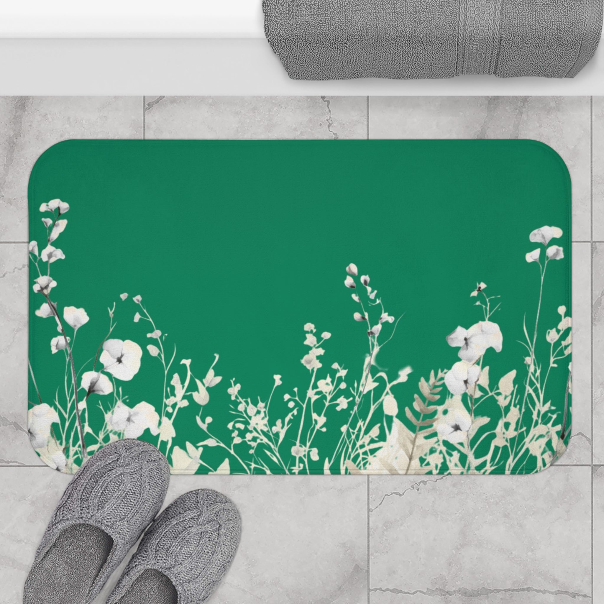 Floral Bath Mat | Sea Green Watercolor Kitchen Mat