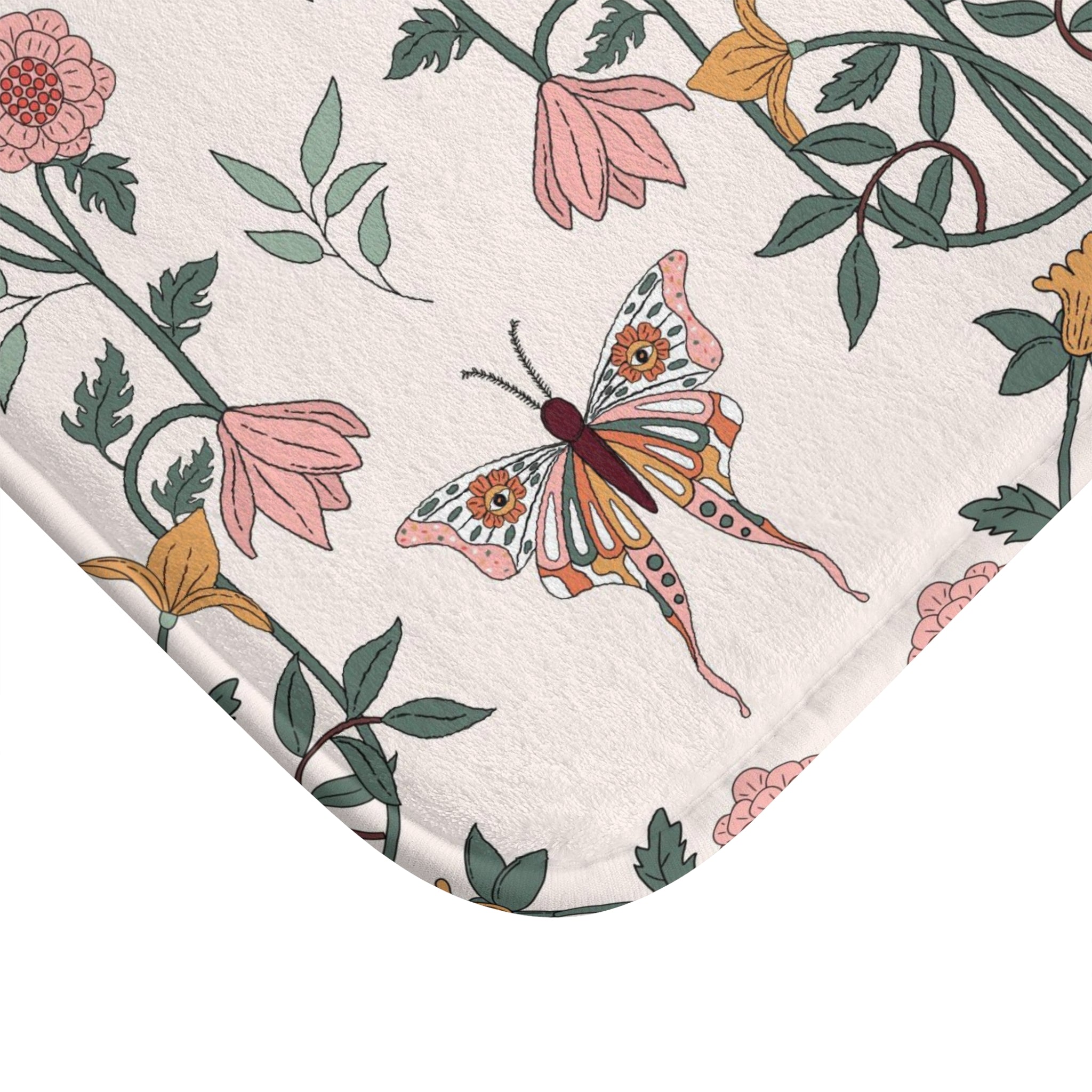 Boho Bath, Kitchen Mat, Rug | Blush Pink Floral Butterly