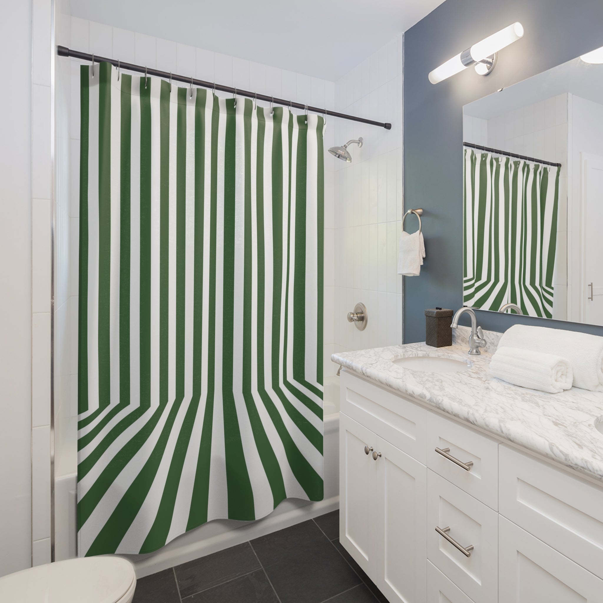 Retro Shower Curtain | Green Stripes Fabric Curtain