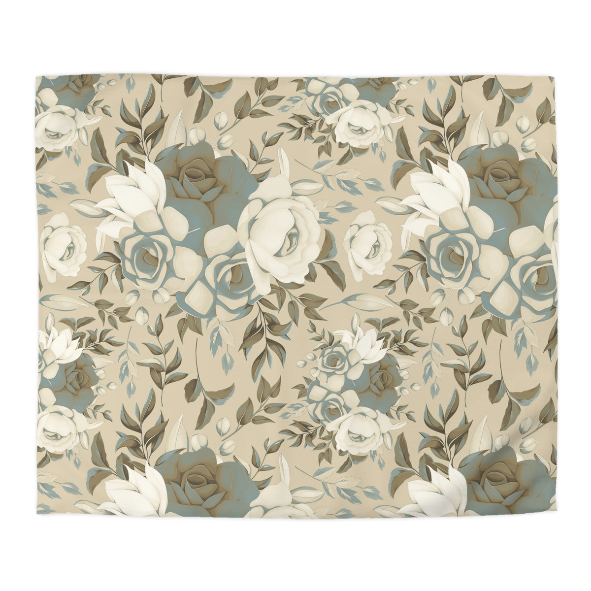 a repeating floral pattern with various shades of blue, white, and green flowers and leaves.