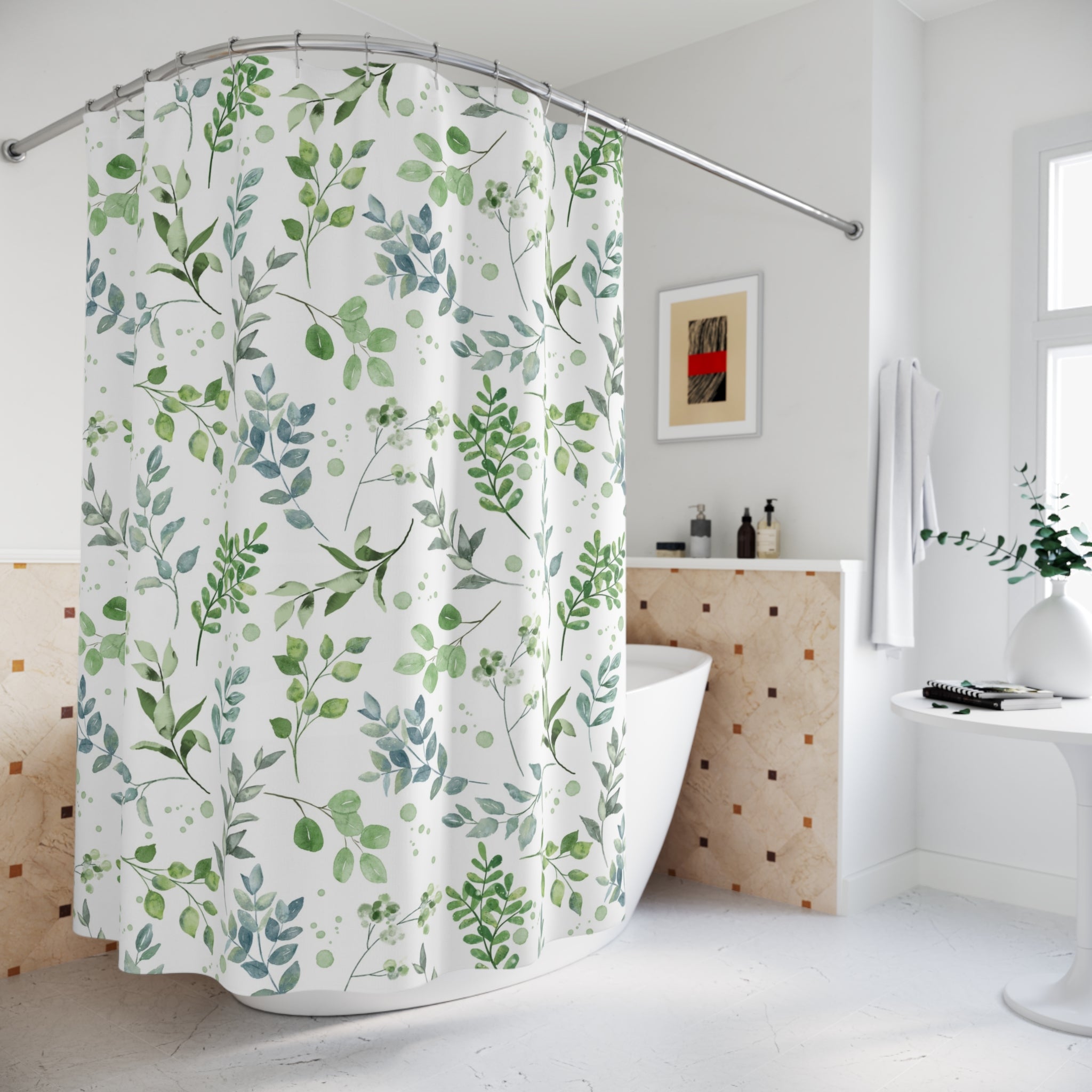 Boho Leaves Shower Curtain | Green Blue White Floral
