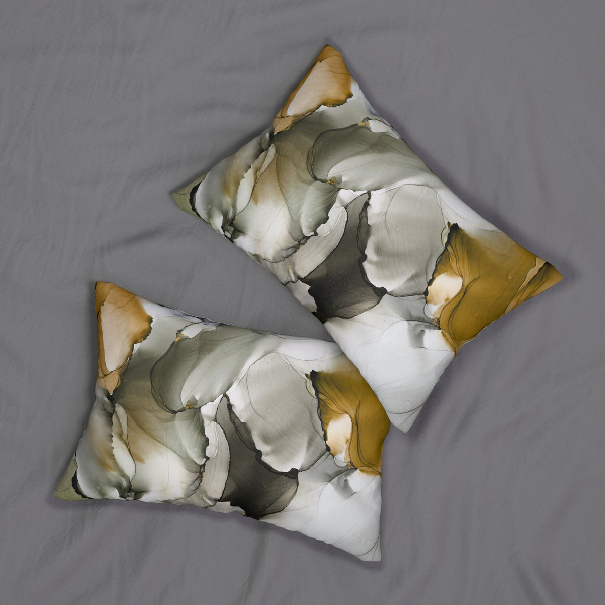 Mustard Olive Gray Abstract Alcohol Ink Lumbar Pillow