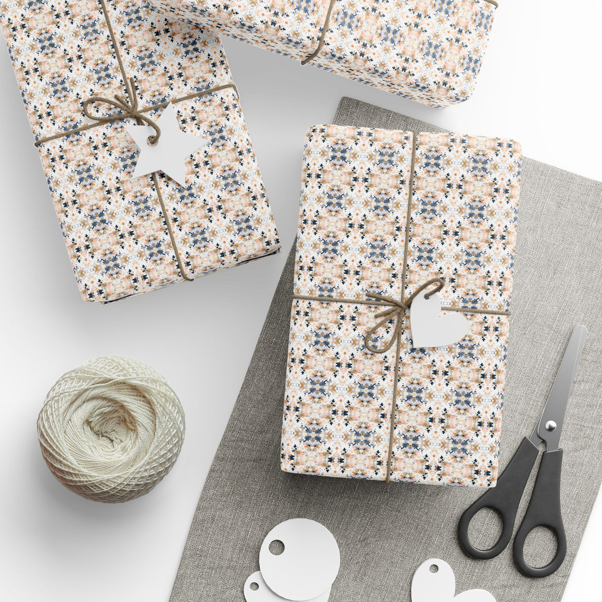 Beige Navy Blue Ikat Wrapping Paper, Watercolor Gift Wrap