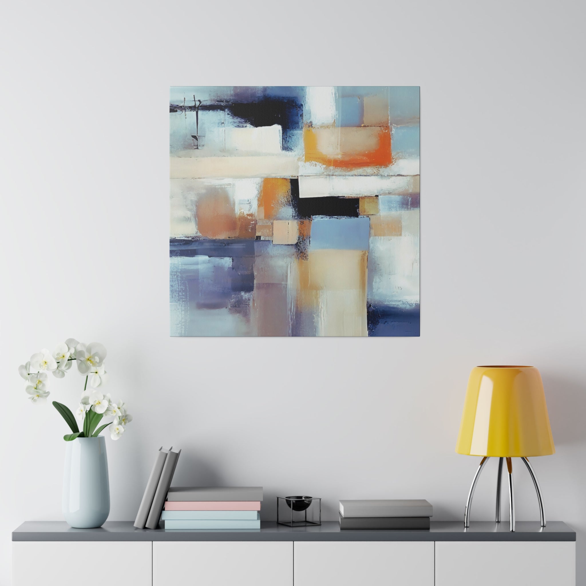 Blue and beige abstract canvas wall art styled in a modern interior