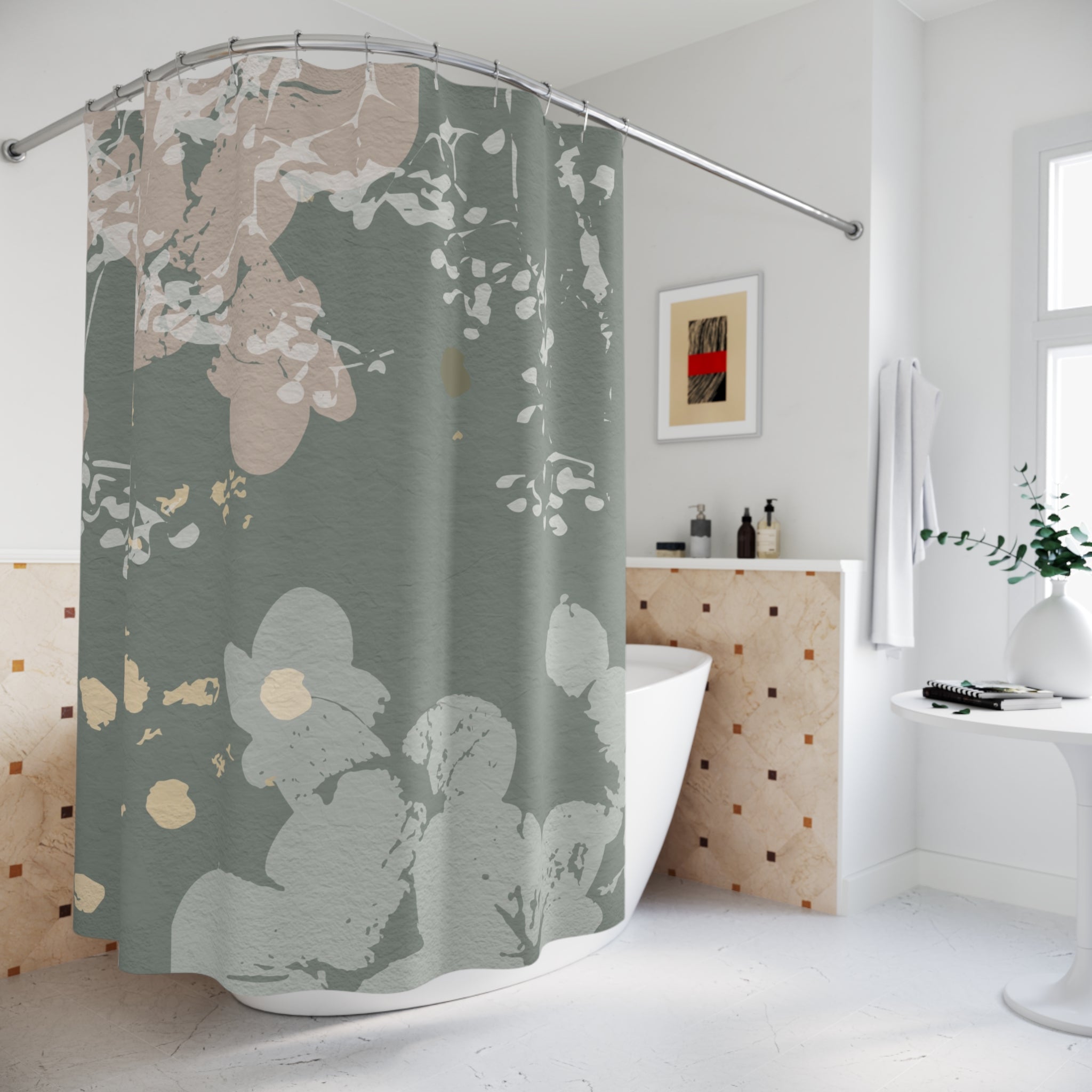 Boho Shower Curtain | Sage Grey Green, Blush Beige
