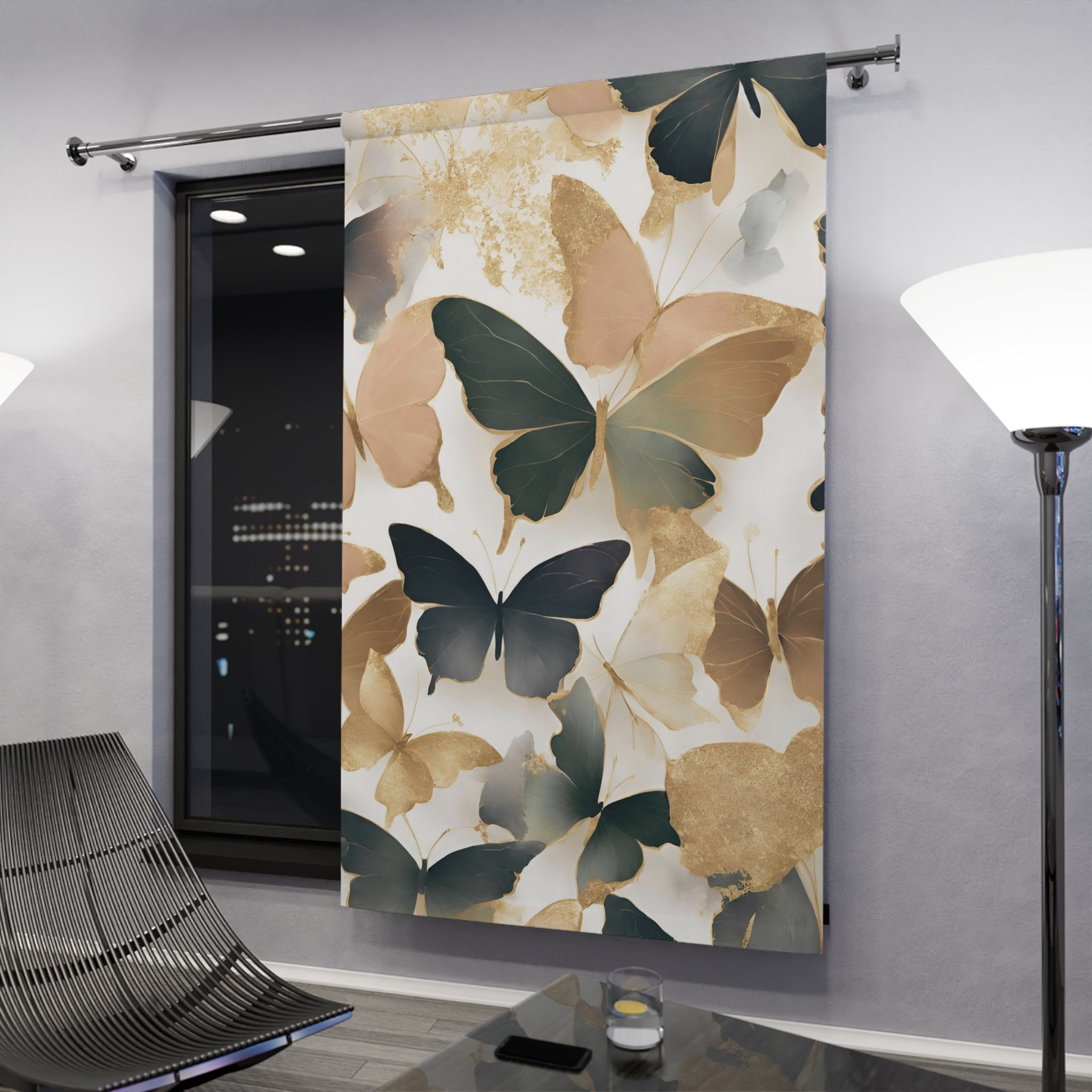 Butterflies Window Curtain | Neutral Beige, Navy Blue