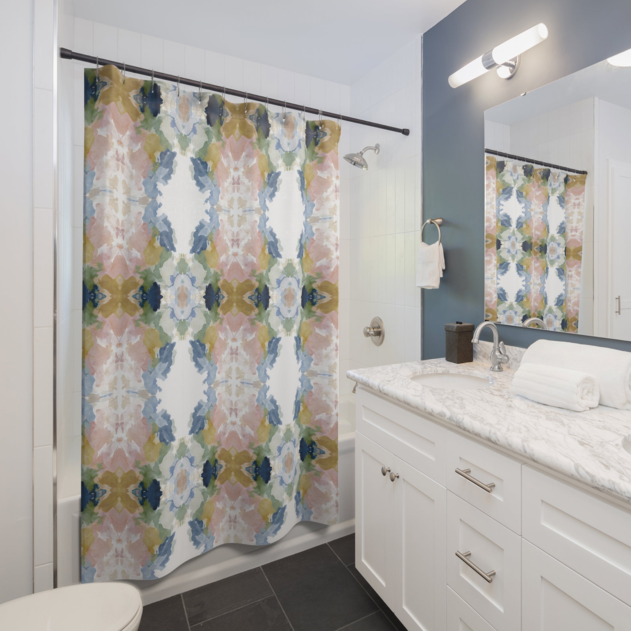 Abstract Shower Curtain | Blue Blush Watercolor Aesthetic