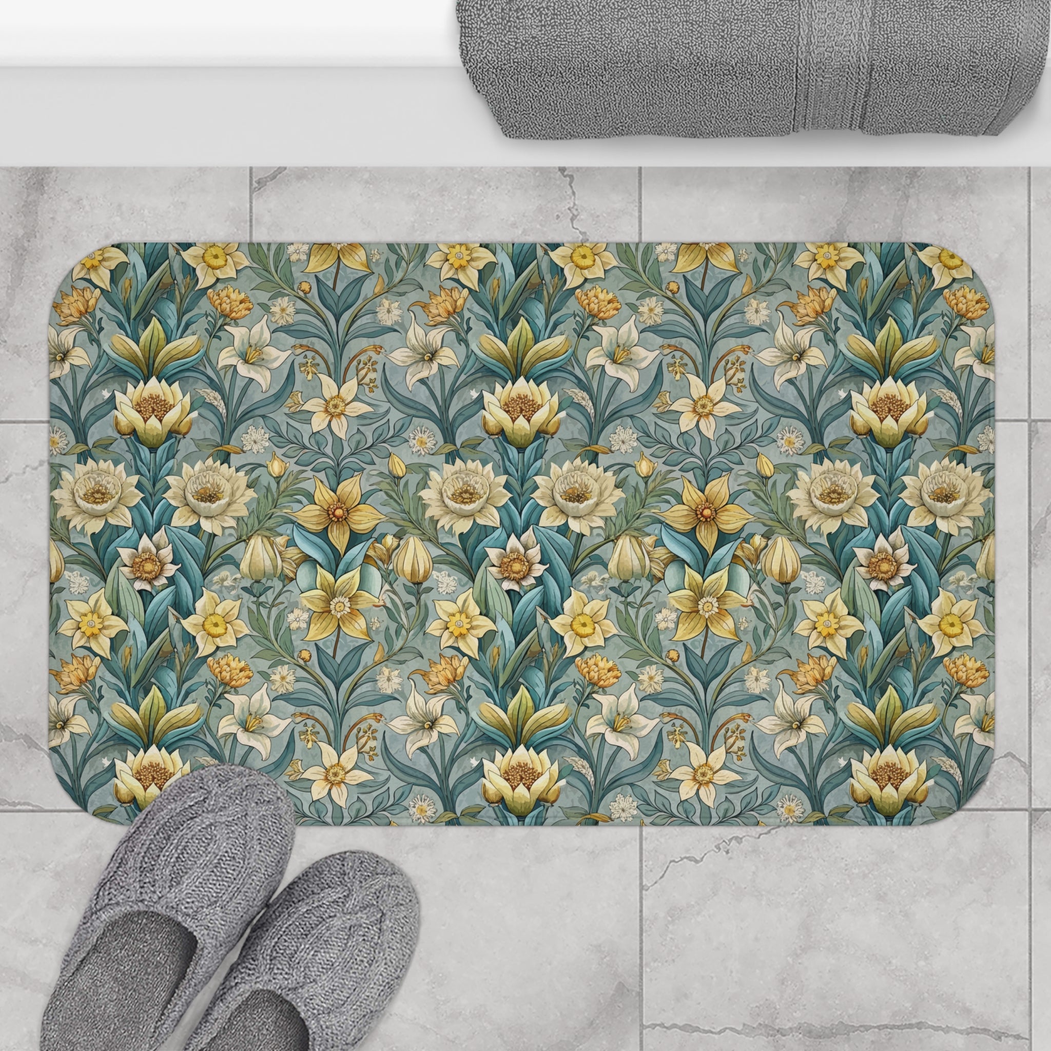 Floral Bath Mat | Vintage Blue Yellow Garden Kitchen Mat