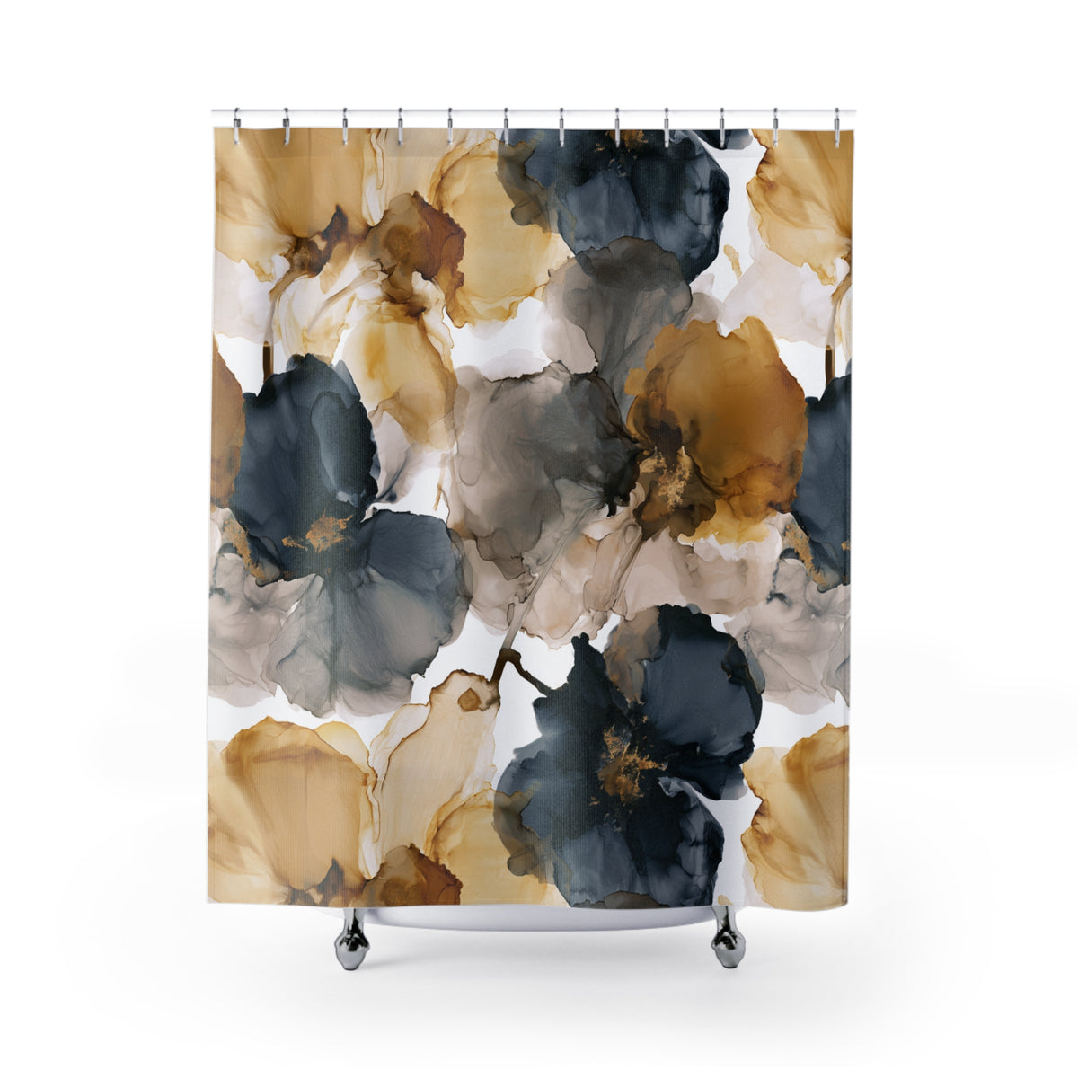 Navy Mustard Ink Floral Shower Curtain, Bath Curtain 71x74