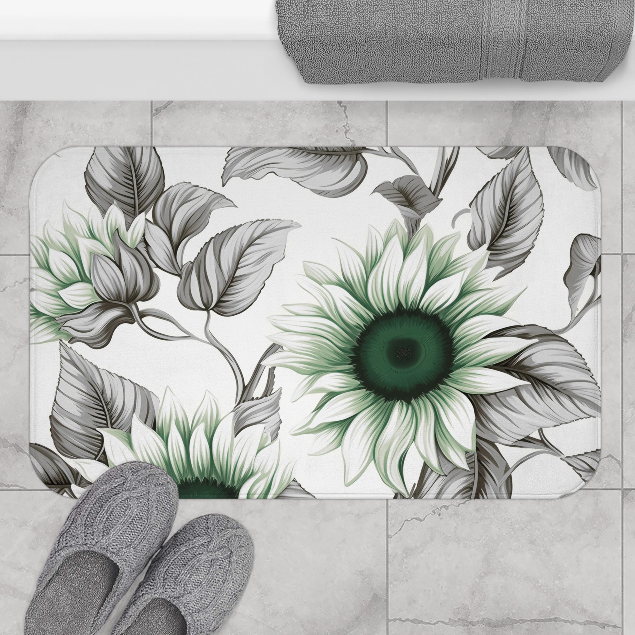 Boho Floral Bath Mat | Sage Green White Grey Sunflowers Kitchen Mat