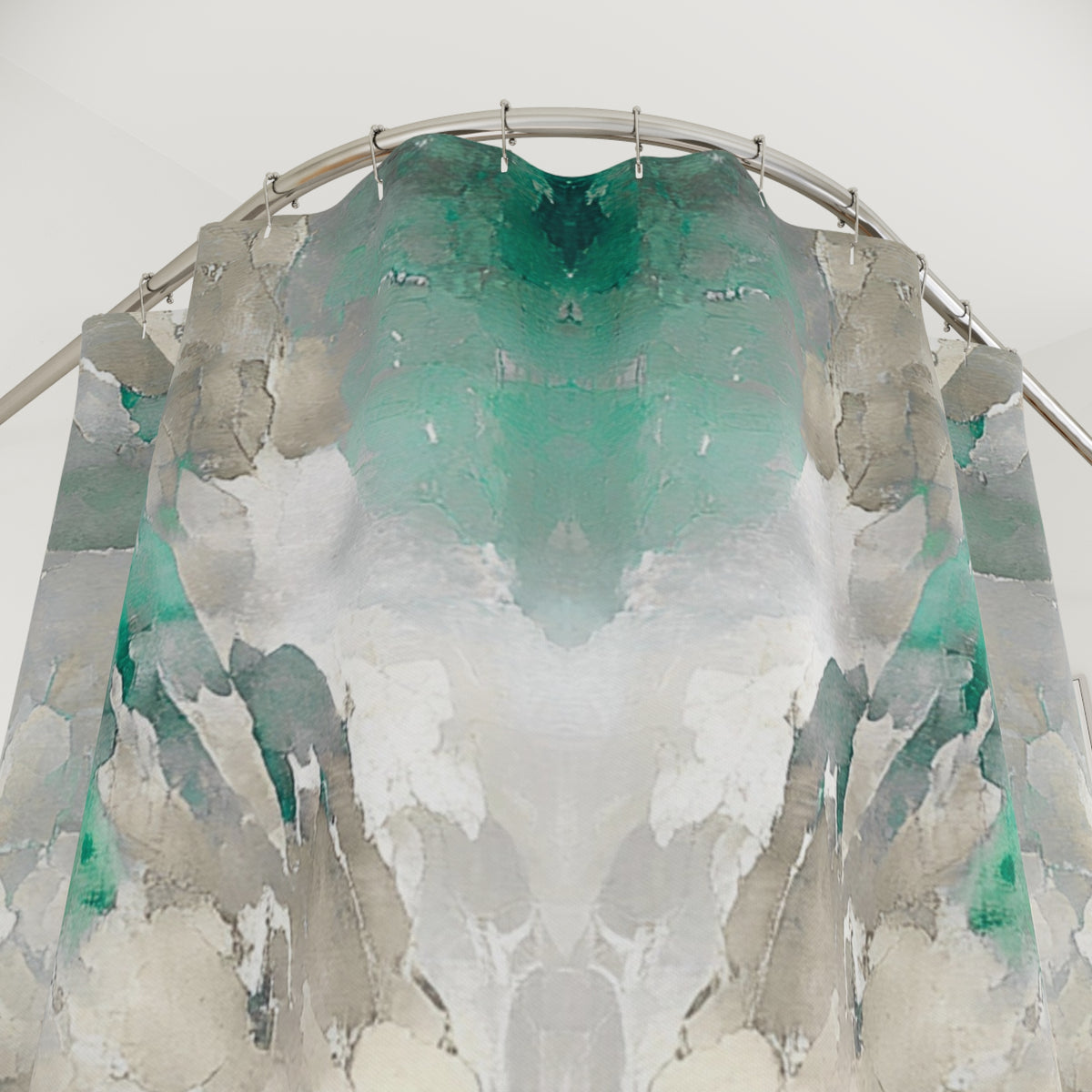 a shower curtain with a unique abstract pattern in shades of green and gray.