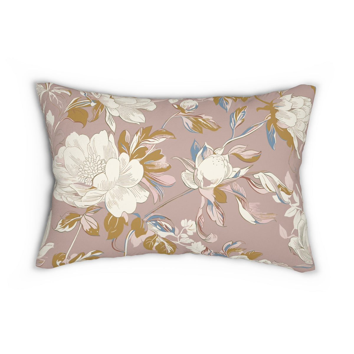 A decorative pillow with a floral pattern in shades of pink and white.