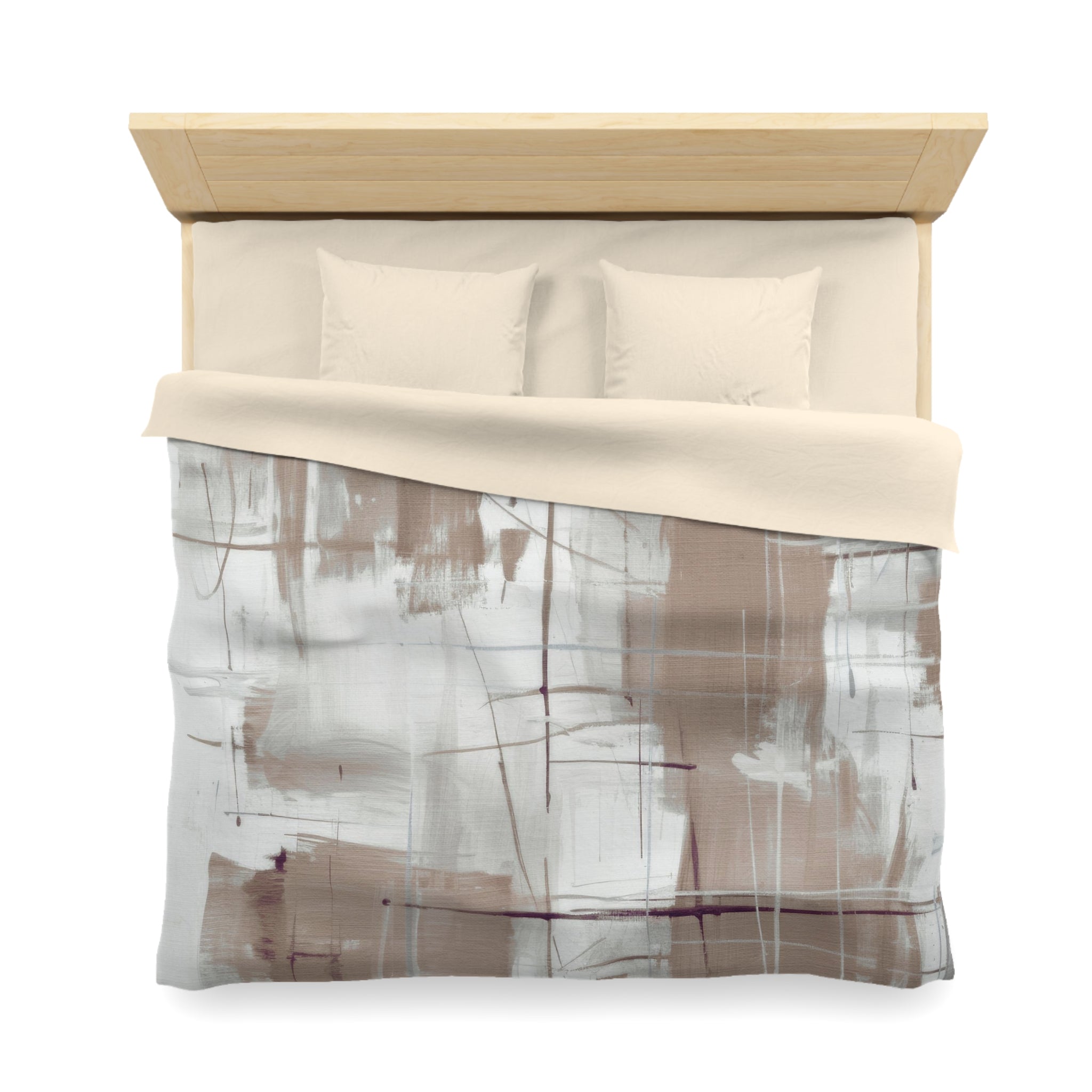 a neatly made bed with a beige comforter and two pillows. The bed has a wooden headboard and is set against a white background.