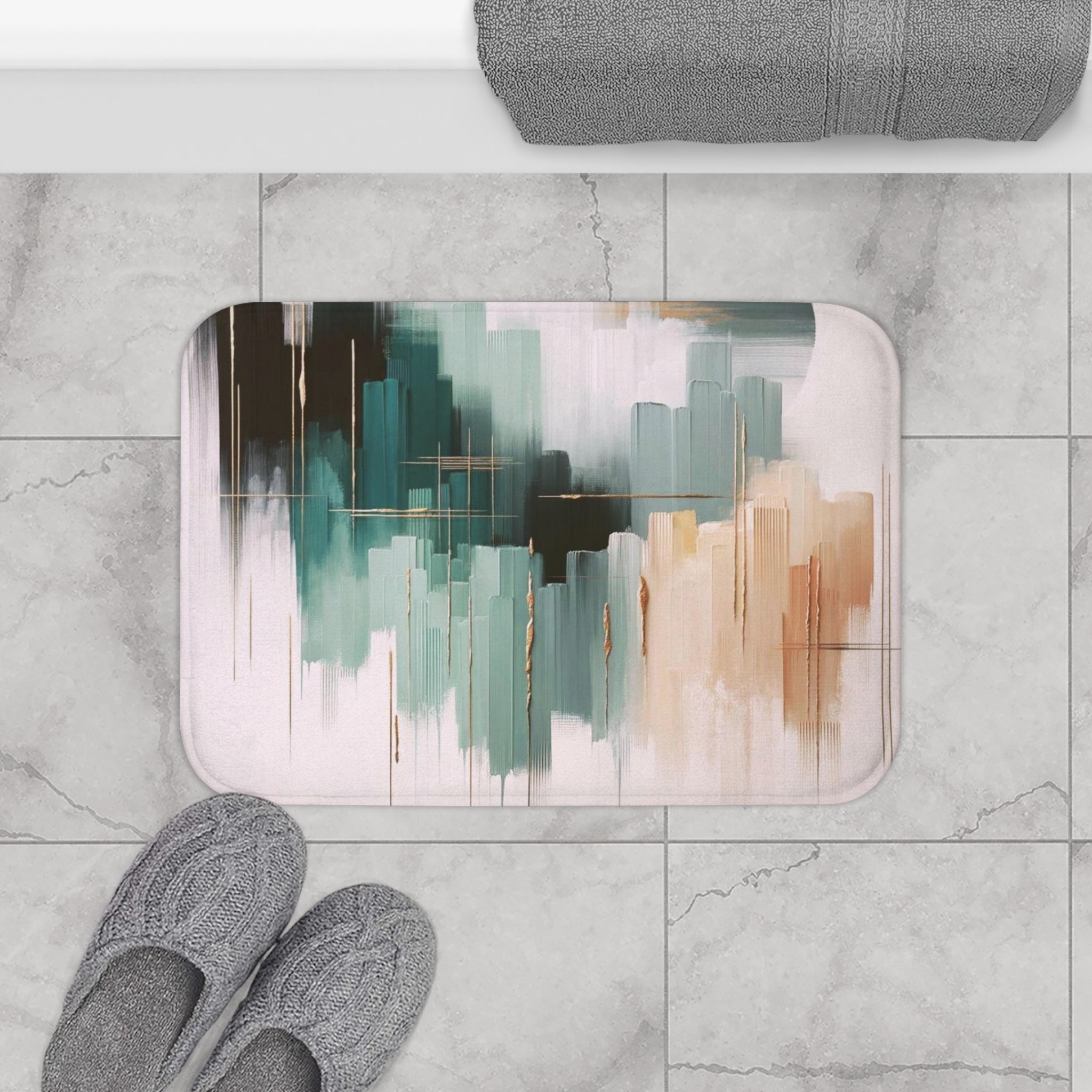 Abstract Bath Mat, Kitchen Mat | Blush Pink, Black Beige, Teal Mat