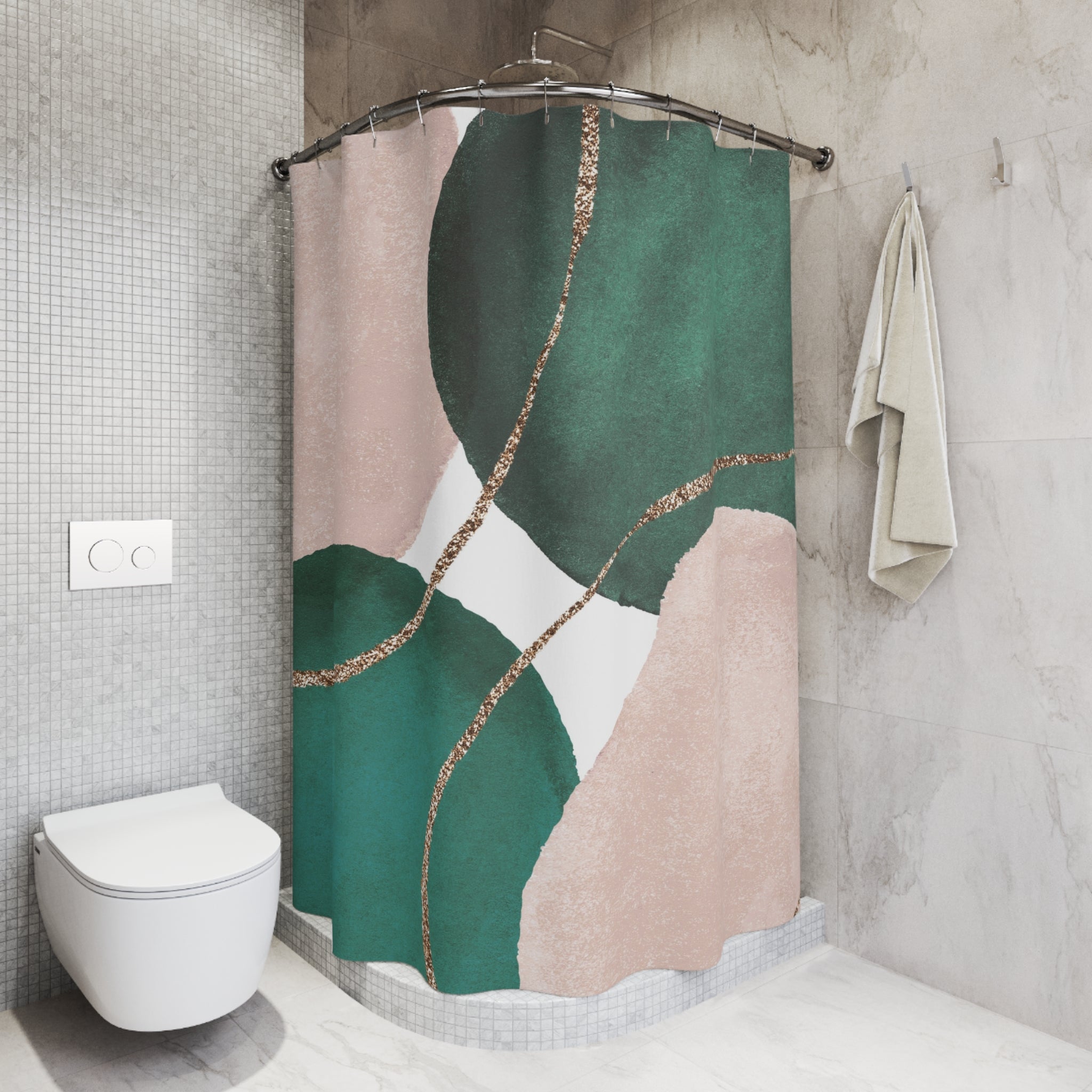 Boho Abstract Shower Curtain | Green Blush Pink Watercolor