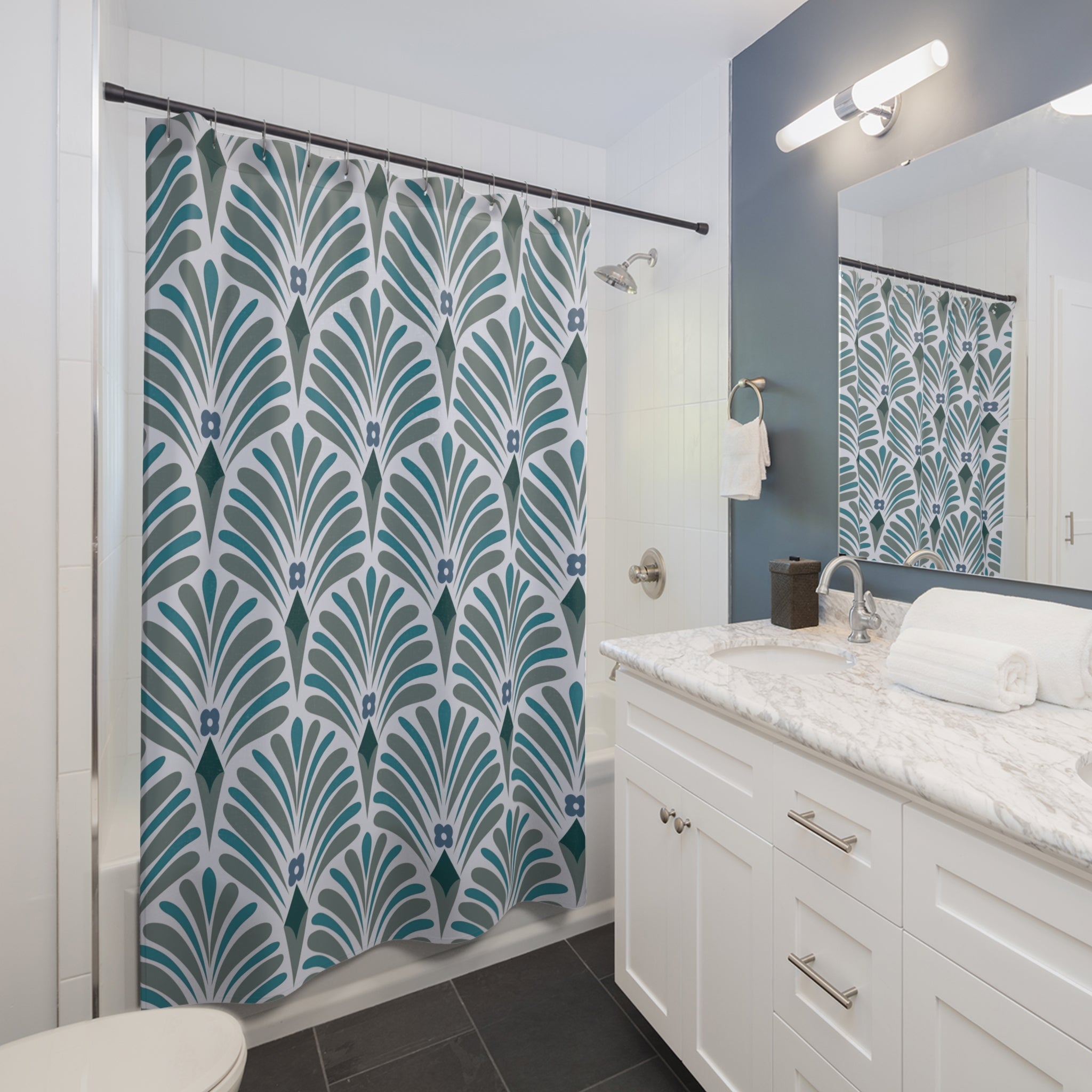 Abstract Shower Curtain | Pale Teal Blue, Grey Art Deco