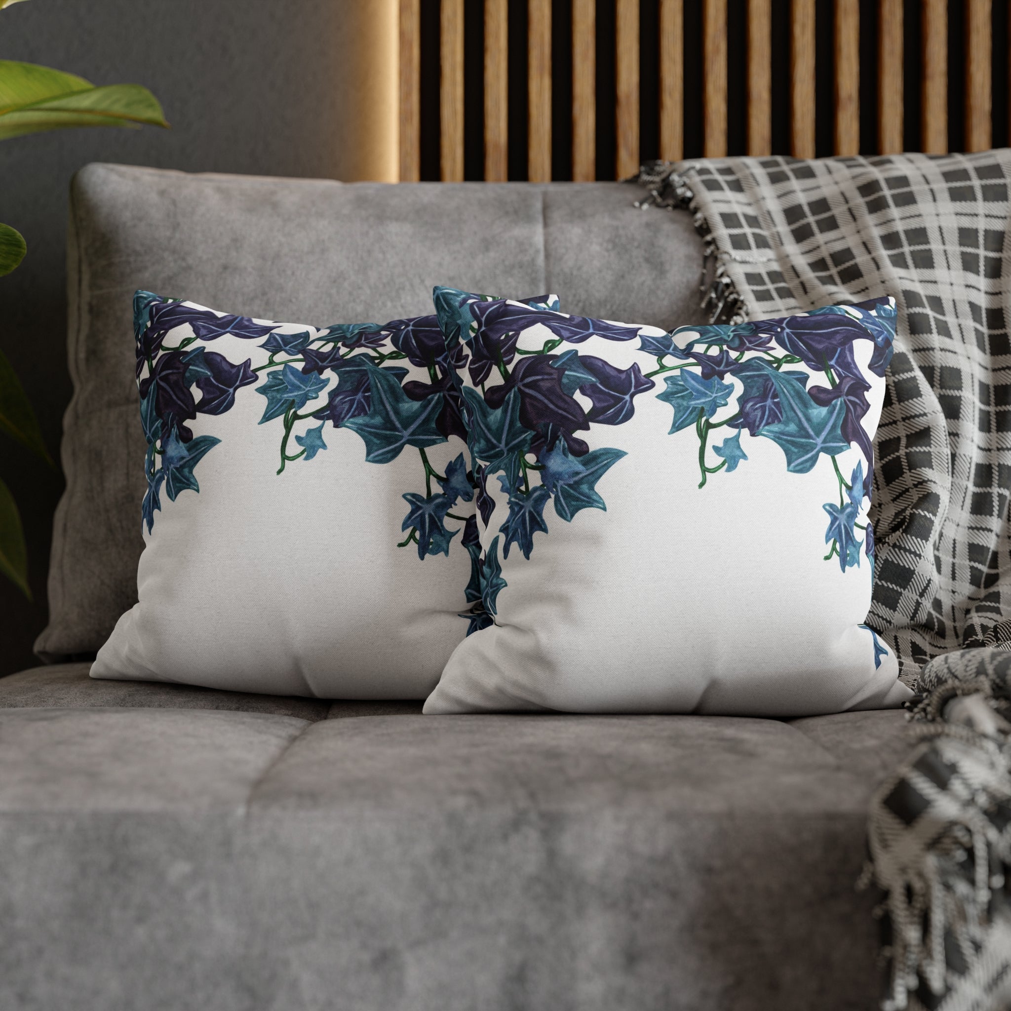 Floral Pillow Cover | White Blue Vine Leaves