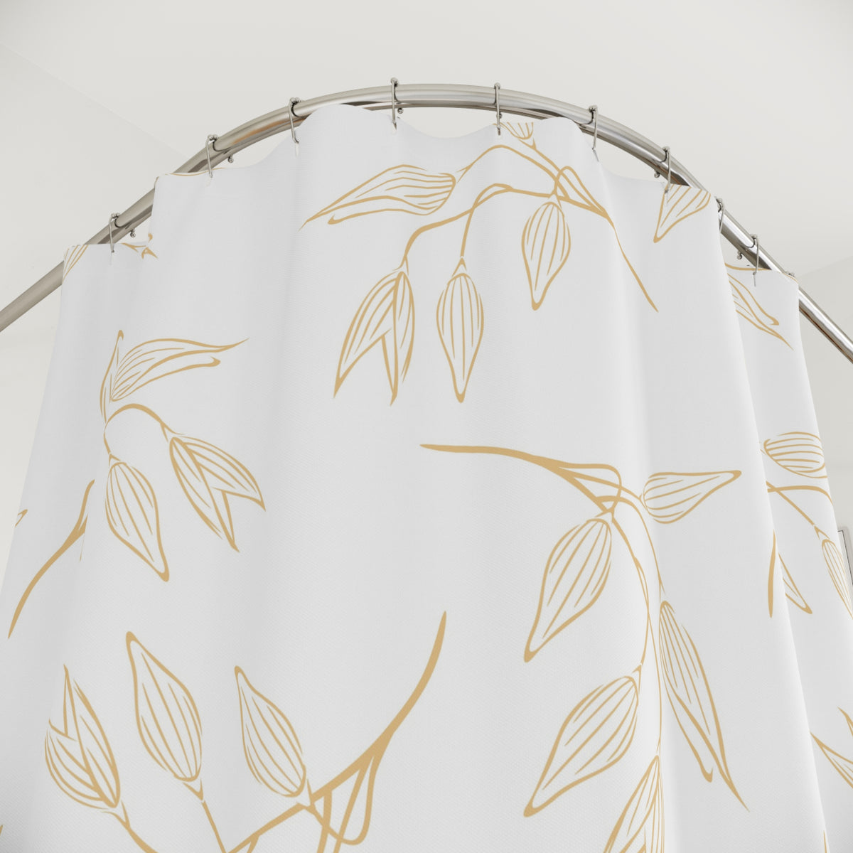 Beige White Minimalist Leaf Shower Curtain, Bath Curtain 71x74