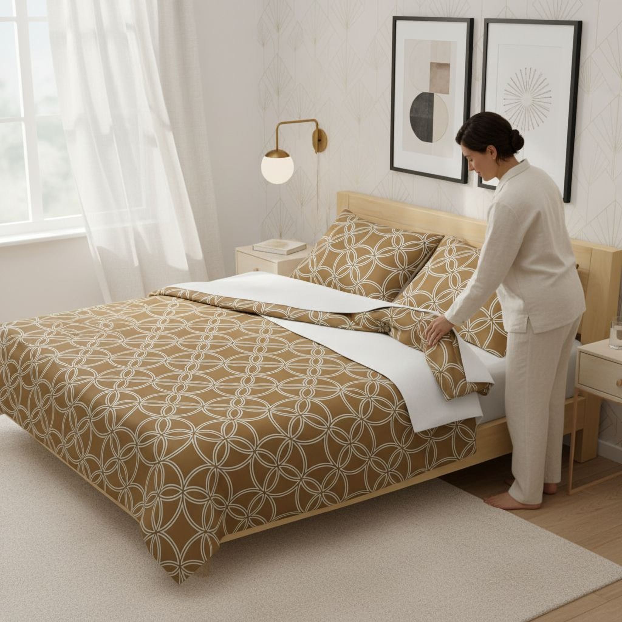 A woman is arranging the bed linens in a bedroom with a beige and gold patterned bedspread and pillows.