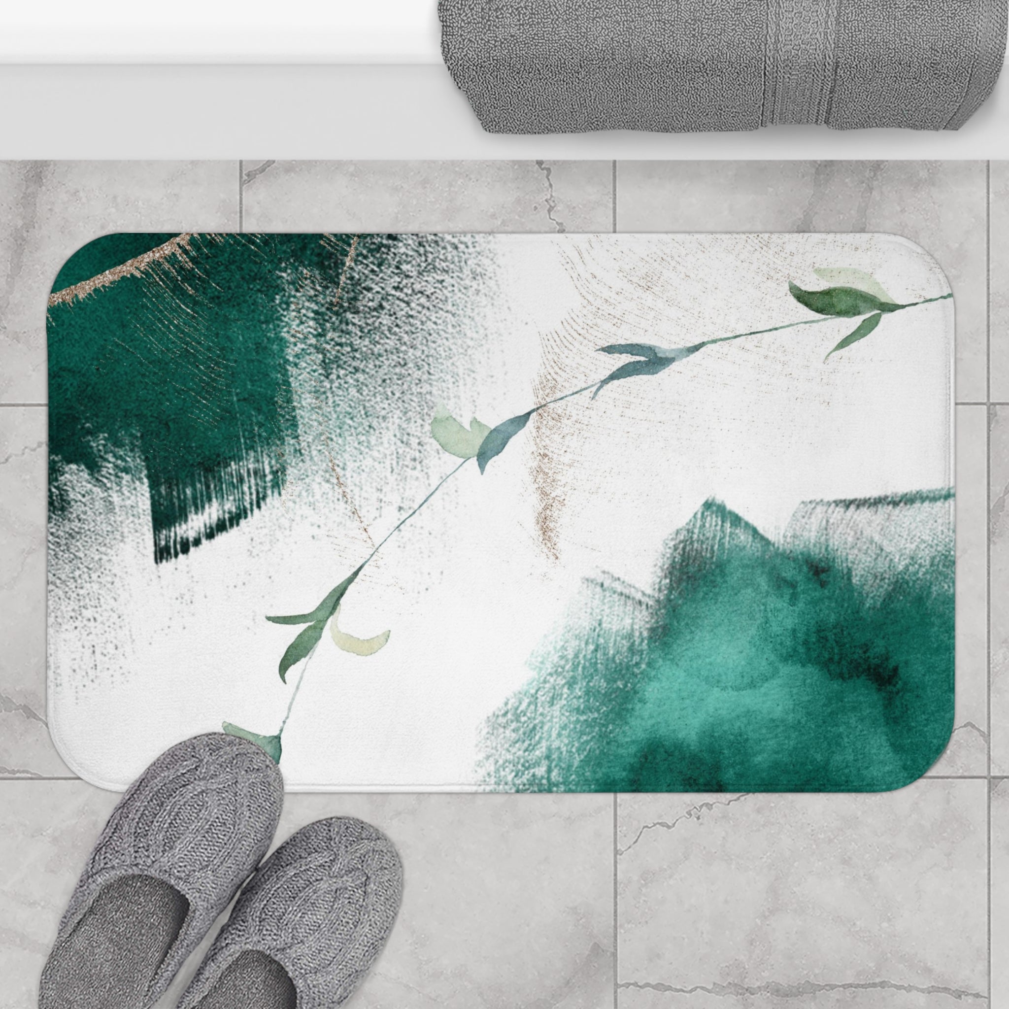 Emerald green, beige and gold floral boho abstract bath mat styled by a bathtub