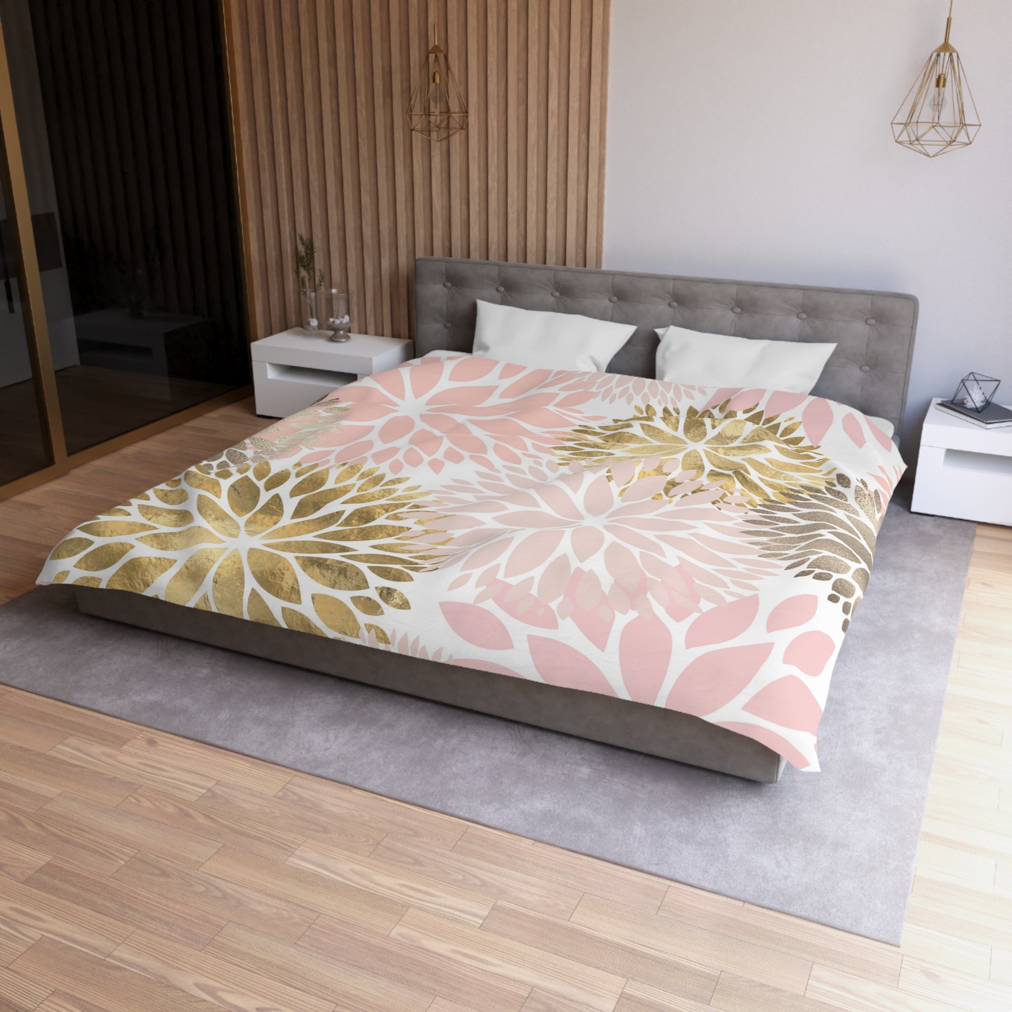 Floral Duvet Cover | Dhalia Blush Pink, Gold Beige White | Bedroom Decor