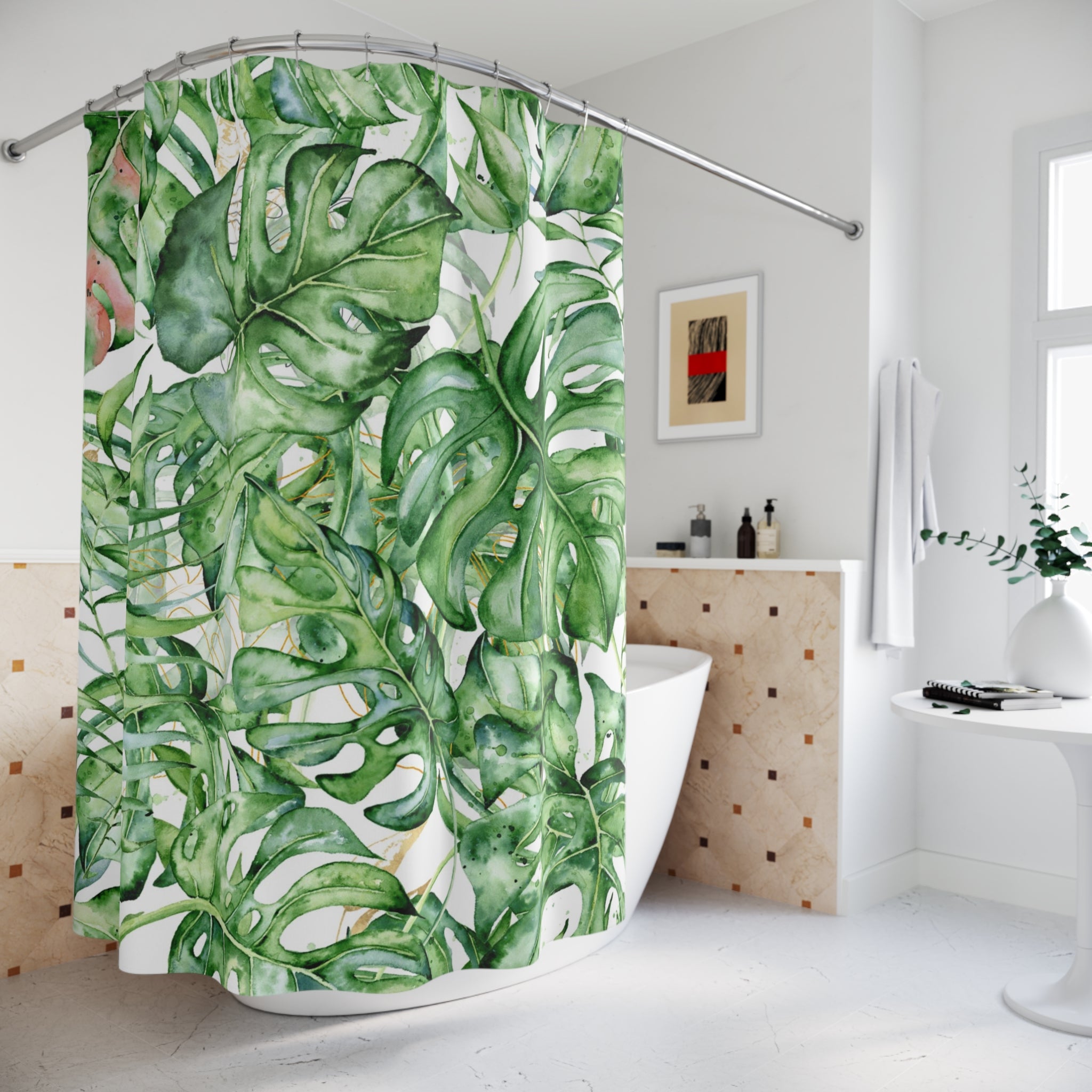 Boho Shower Curtain | Tropical Jungle Monstera Green Leaves