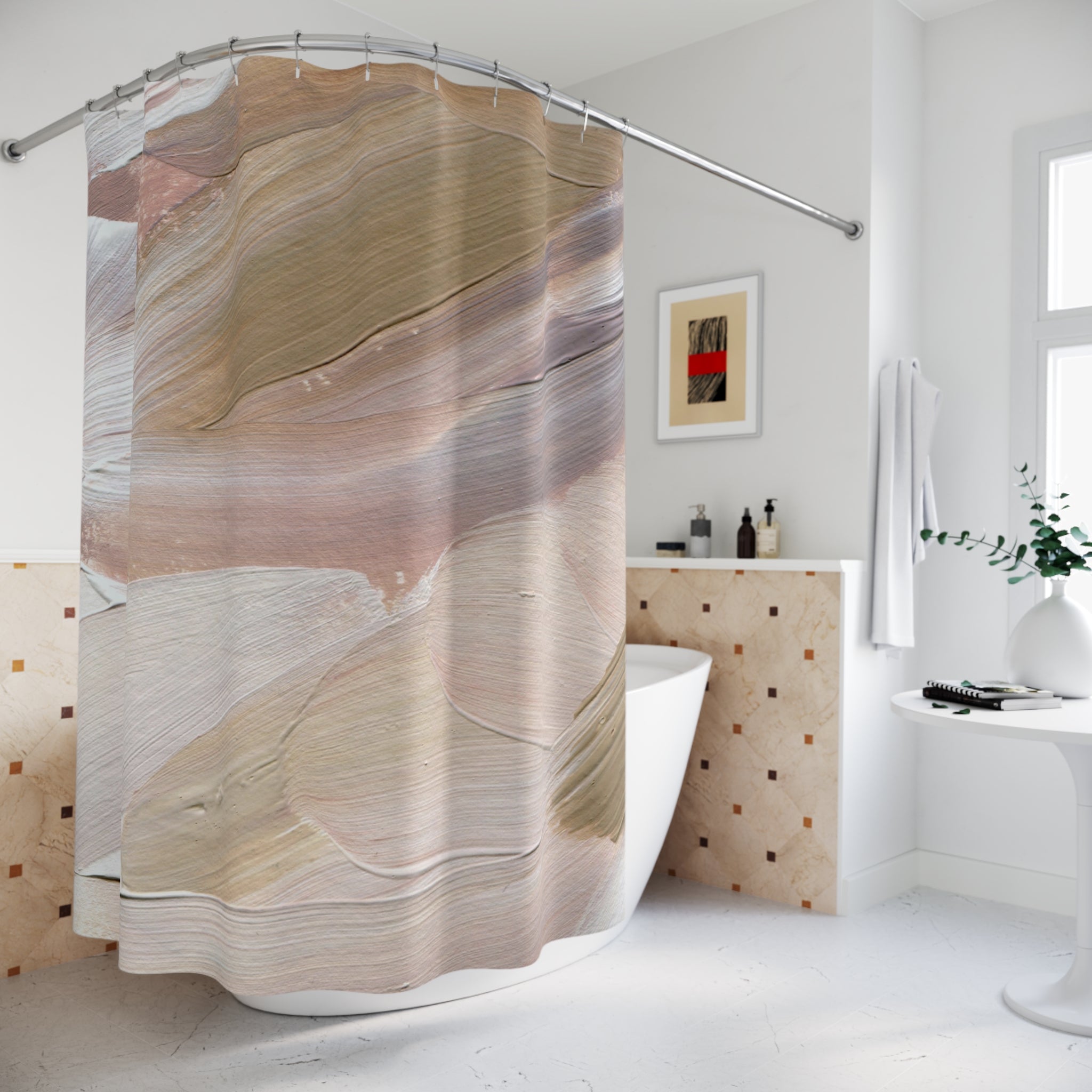 Boho Shower Curtain | Biege, Lavender White Abstract