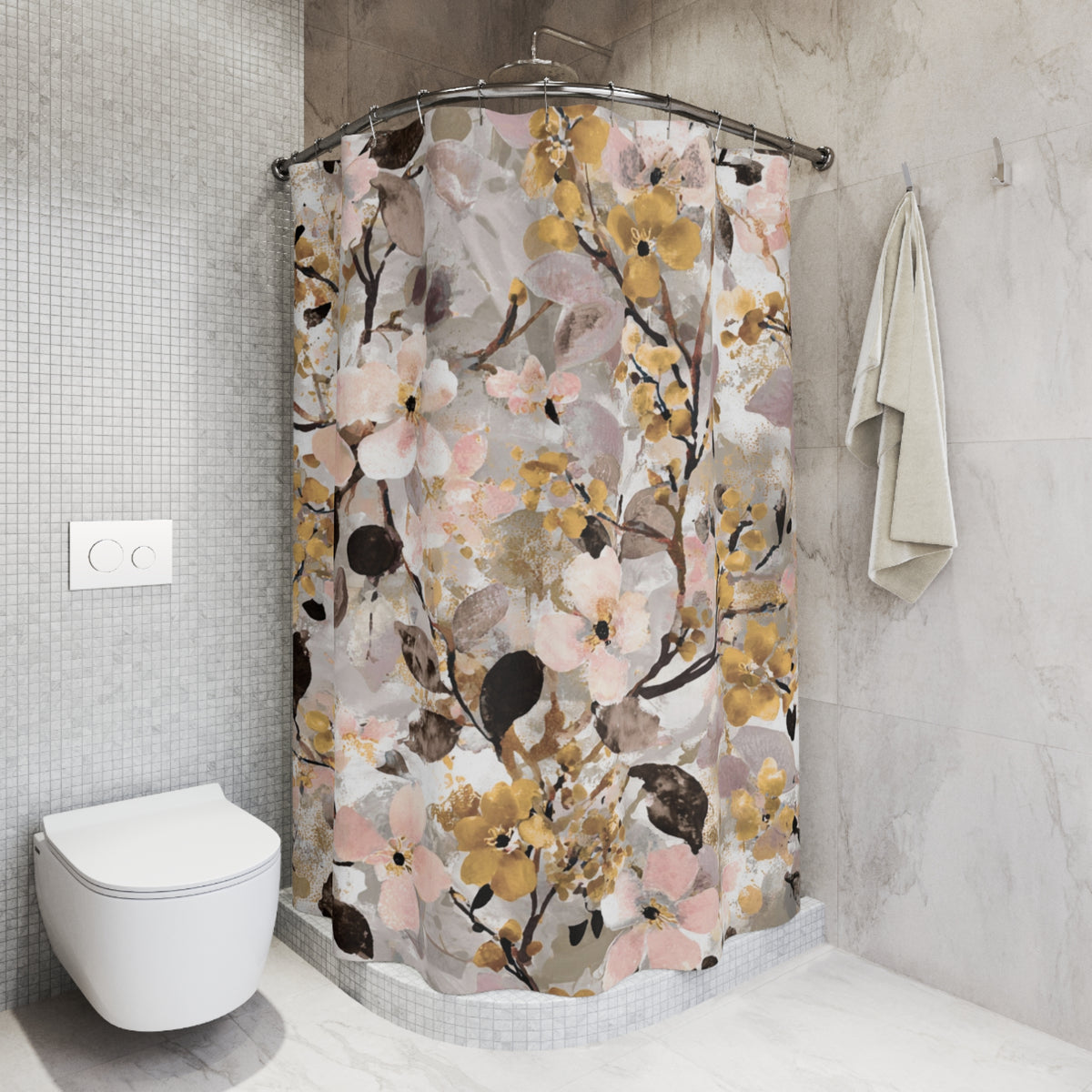a bathroom with a shower curtain adorned with a floral pattern in shades of pink, yellow, and brown. The shower curtain is hanging from a rod next to a towel. The bathroom also includes a toilet and a sink.