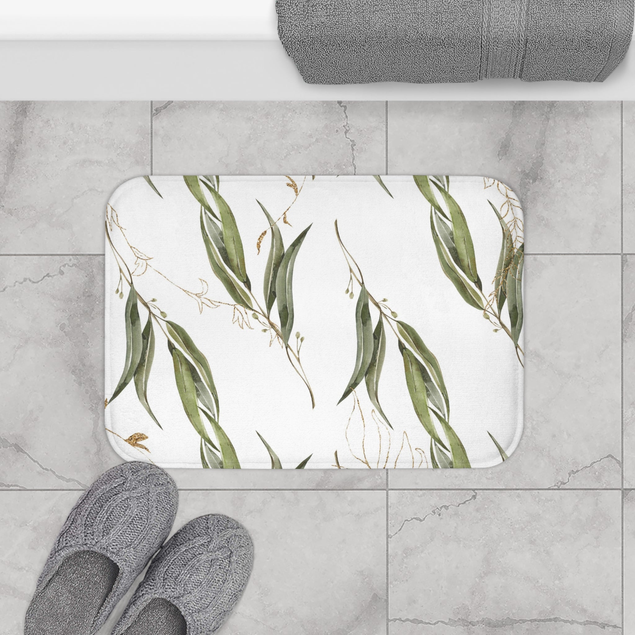 Boho Bath, Kitchen Mat | Floral, Sage Green, White Gold Beige Leaves