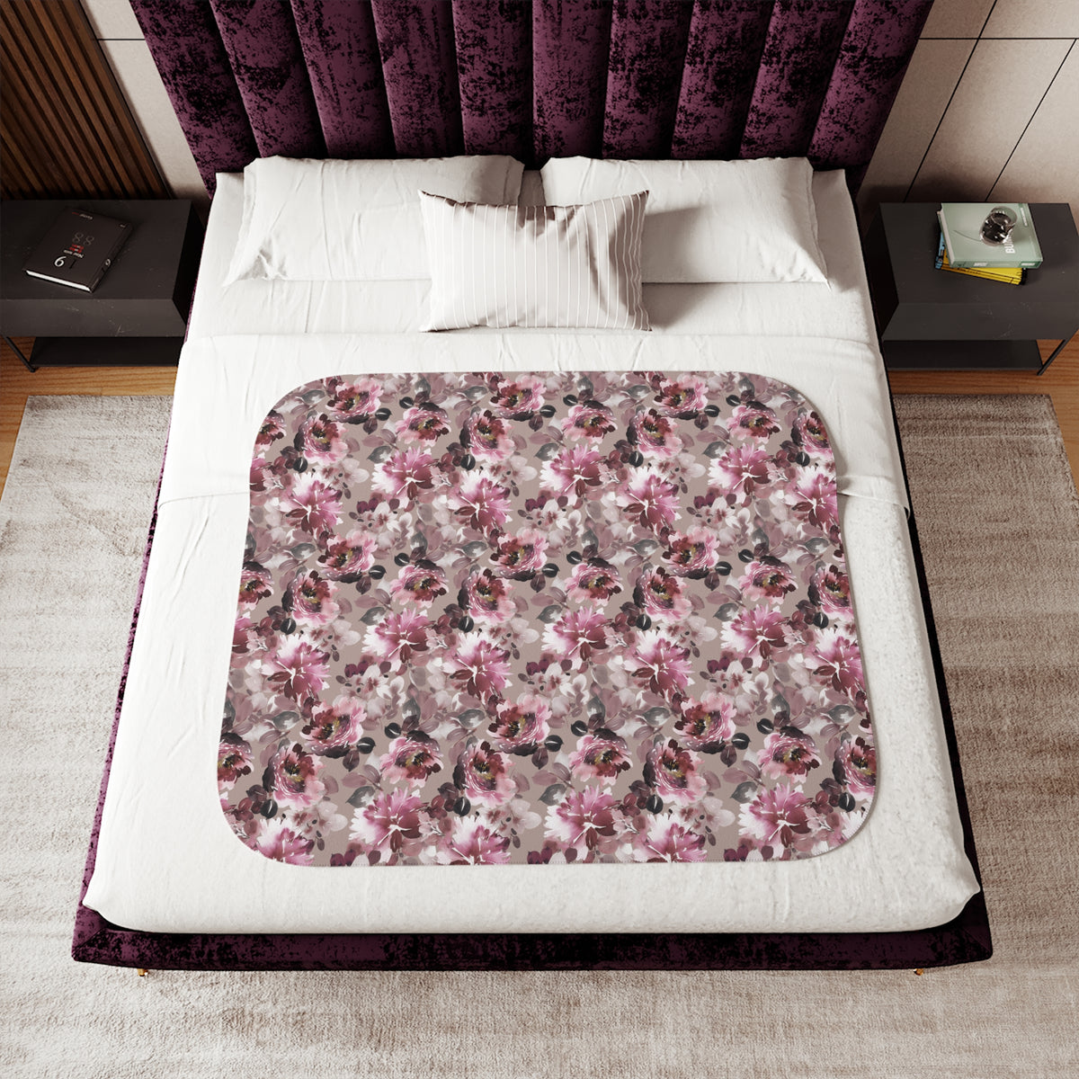 Burgundy Pink Watercolor Peony Sherpa Blanket | Moody Floral Throw