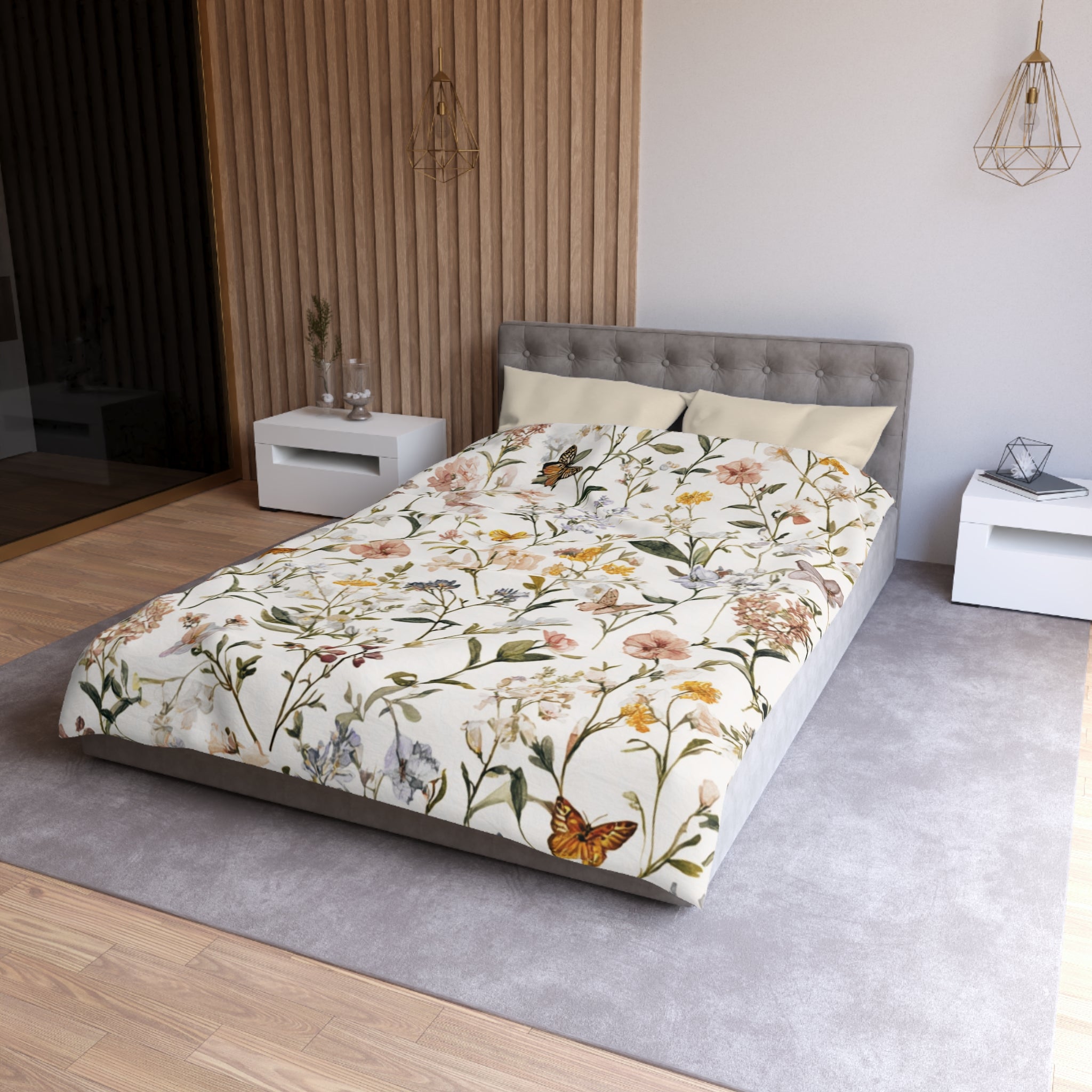 Floral Modern Duvet, Pillow Cover | White Beige Bedroom Decor