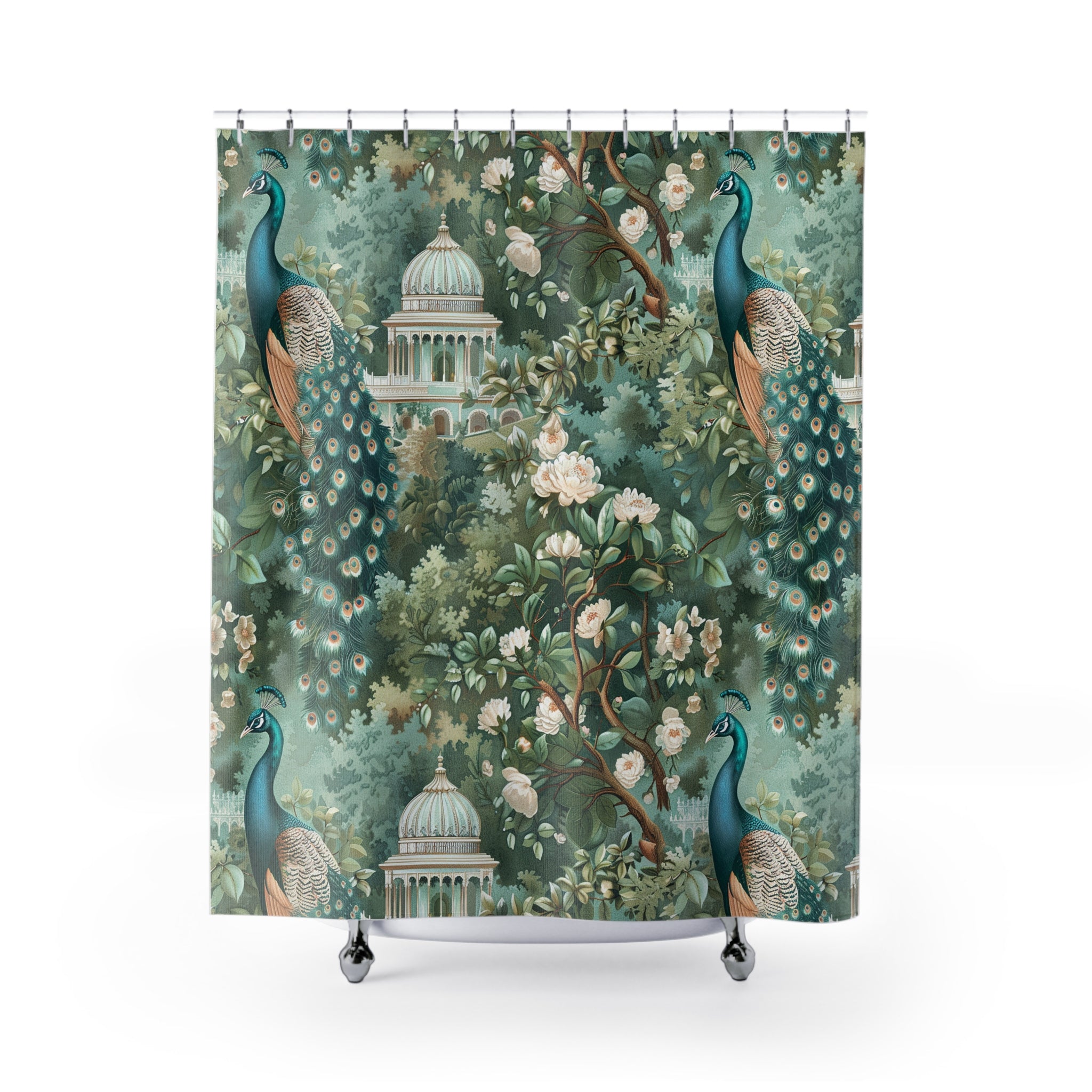 Vintage Shower Curtain | Peacock Forest Floral Botanical