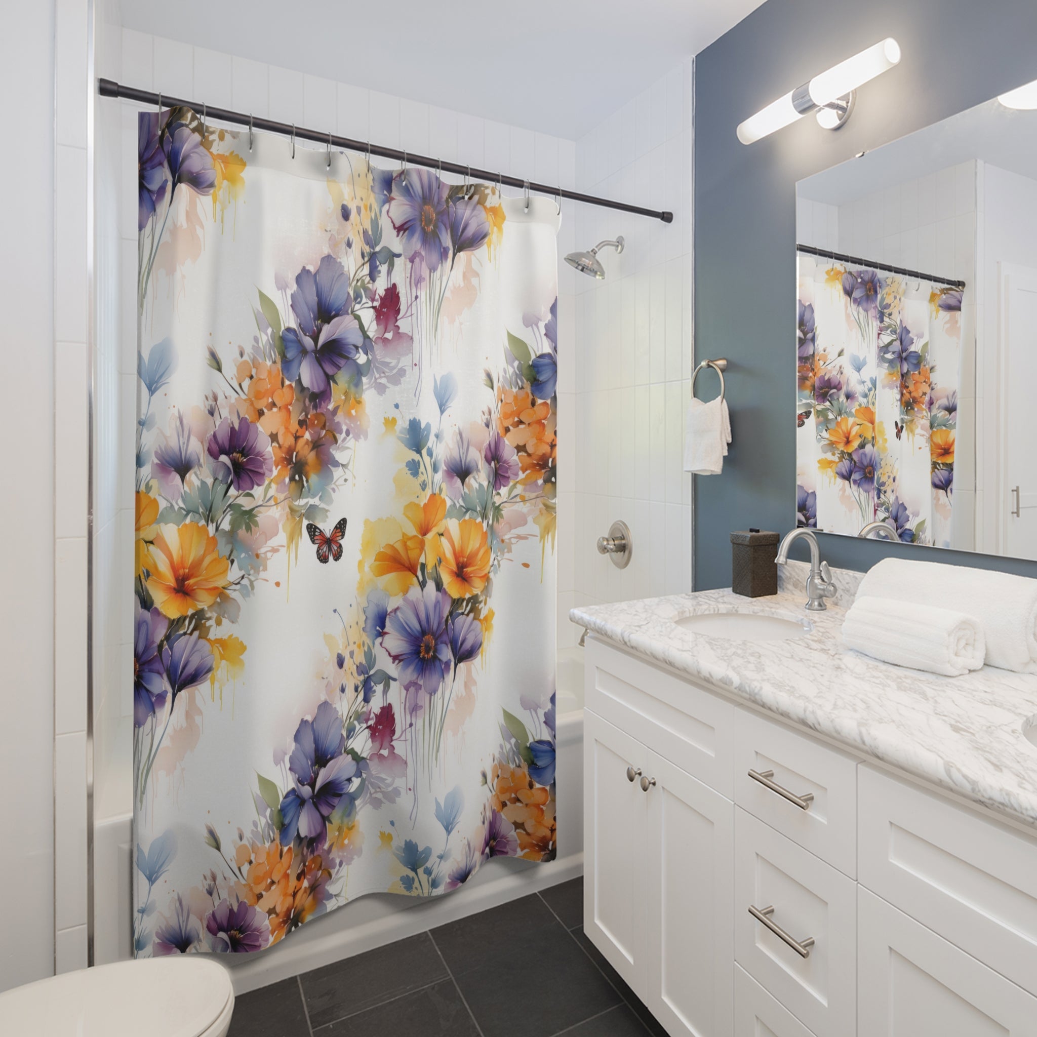 Floral Shower Curtain | White Botanical Colorful Fabric Curtain