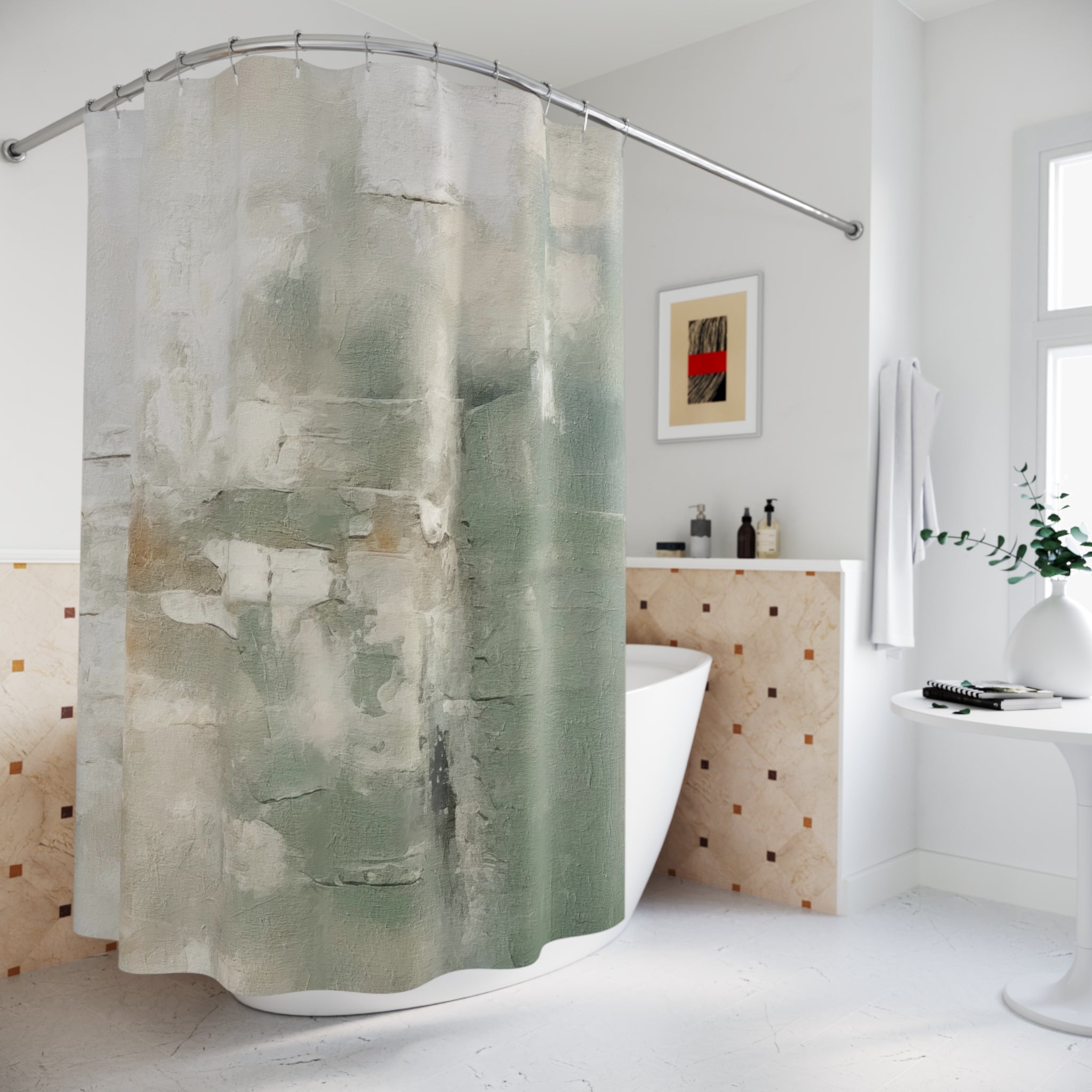 a modern bathroom with a white bathtub, a shower curtain, and a framed artwork on the wall.