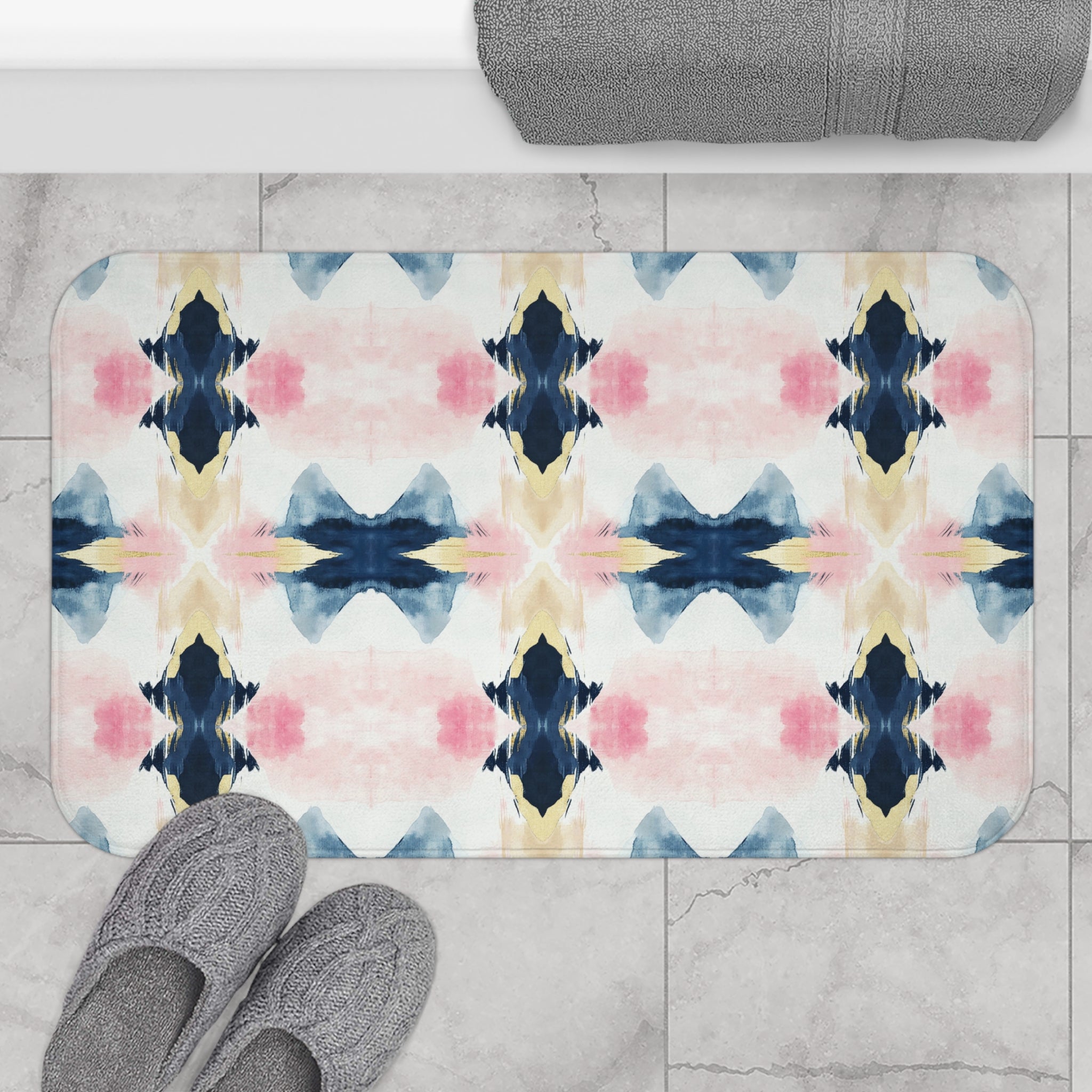 Boho Modern Bath Mat | Abstract Pink Blue Kitchen Mat