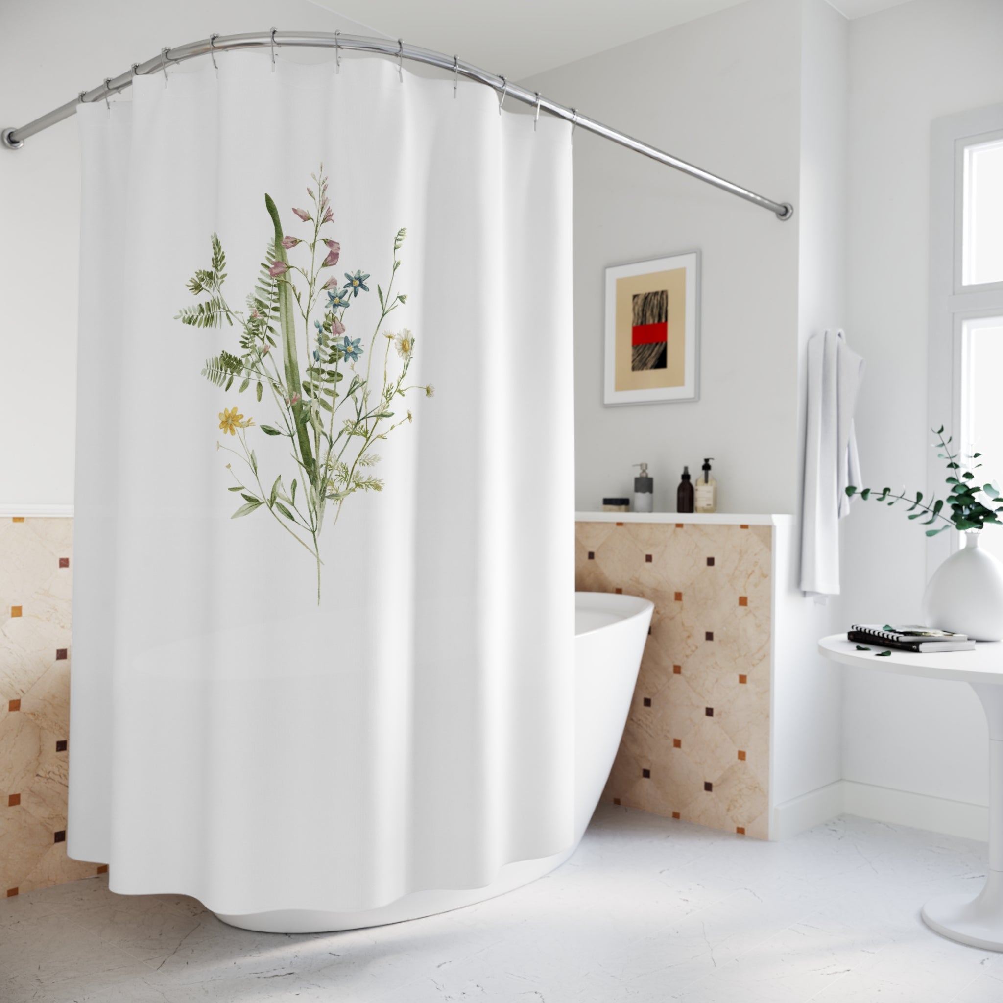 White Shower Curtain | Floral, Sage Green Leaves