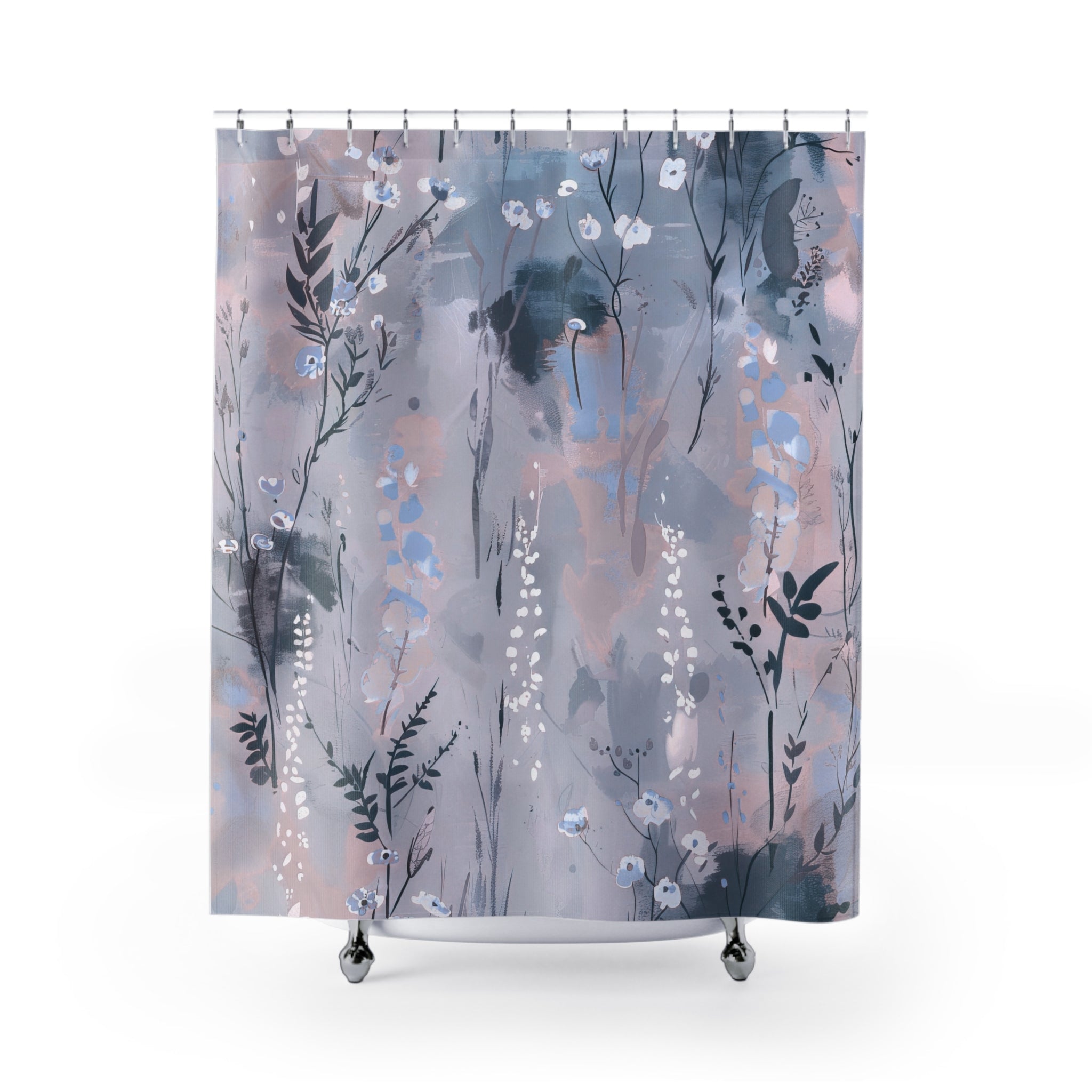 Boho Shower Curtain | Floral Moody Paste Blush Blue