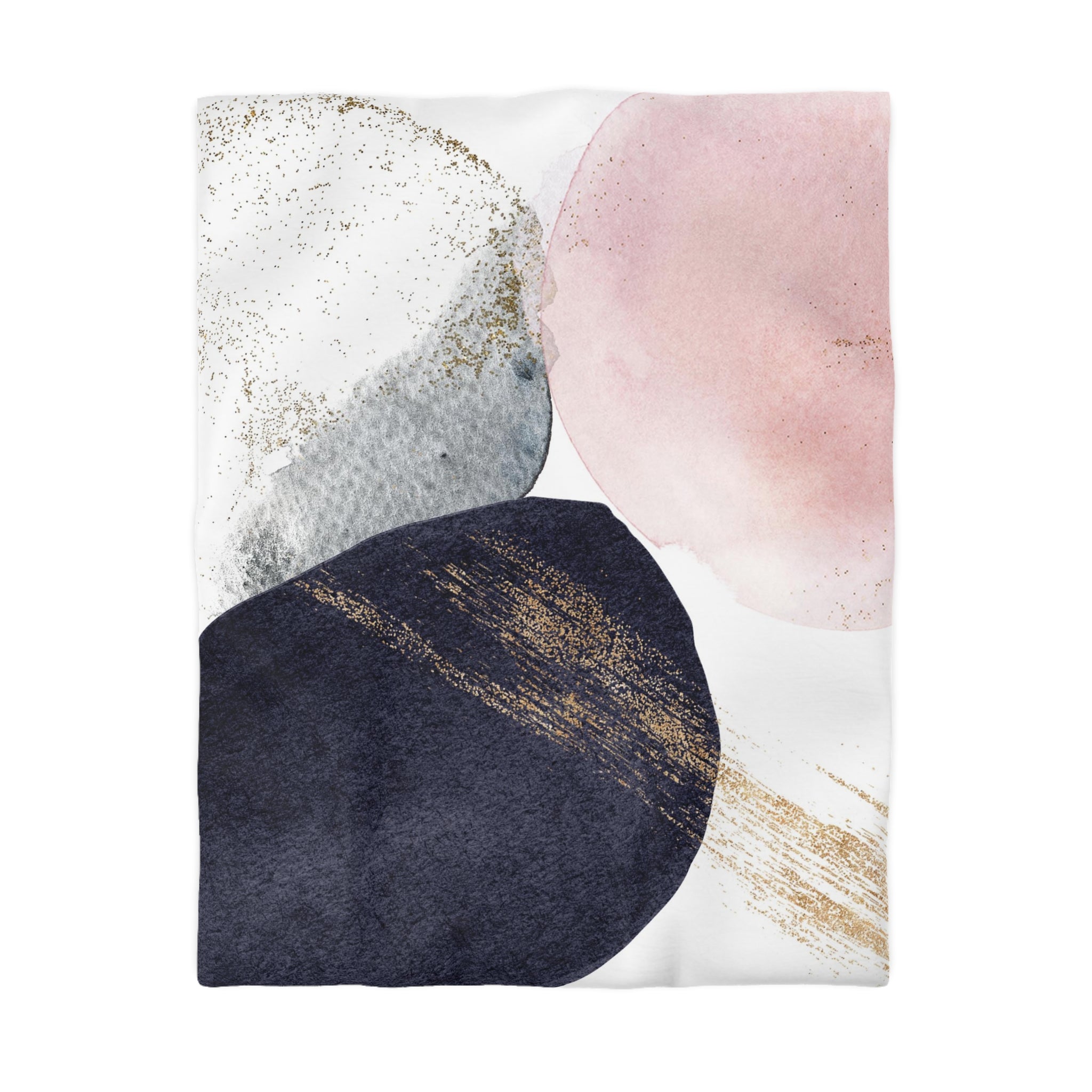 The image is a collage of abstract watercolor paintings in various shades of pink, blue, and black, with gold glitter accents.