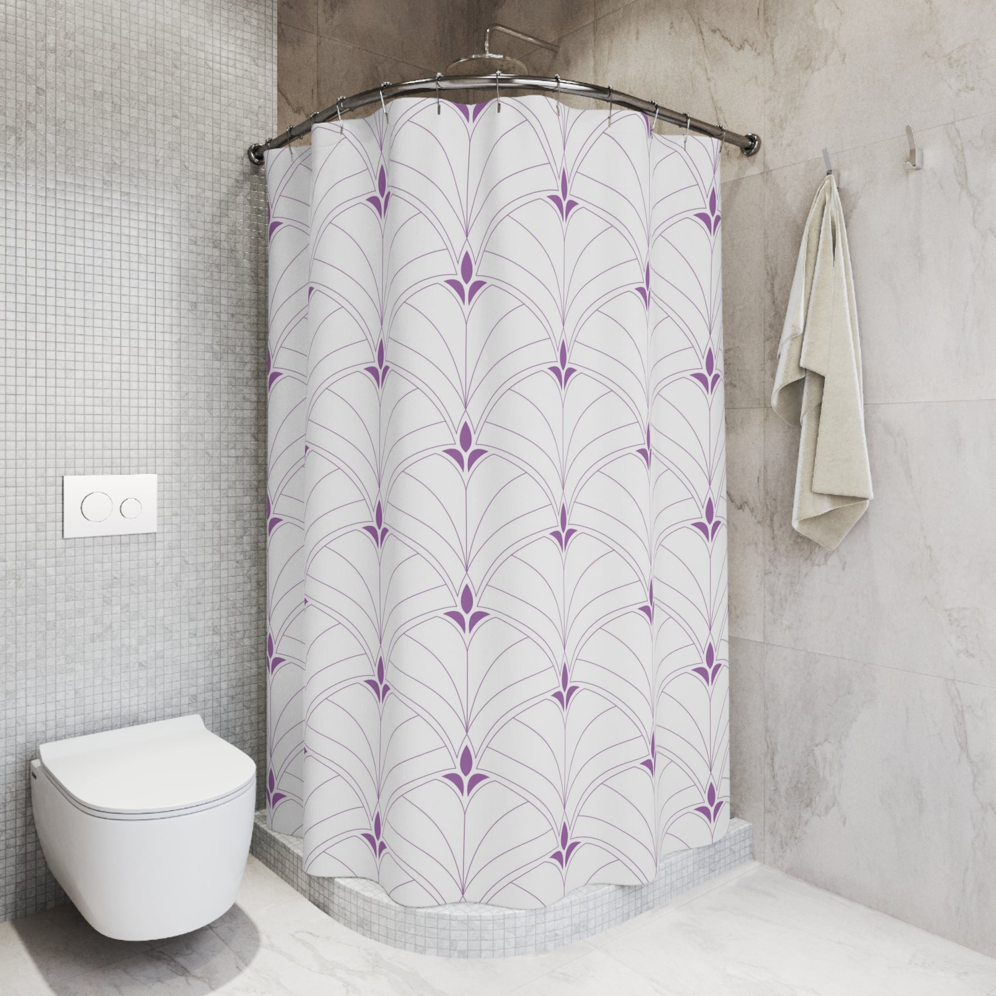 Boho Shower Curtain | Art Deco White Lavender Purple
