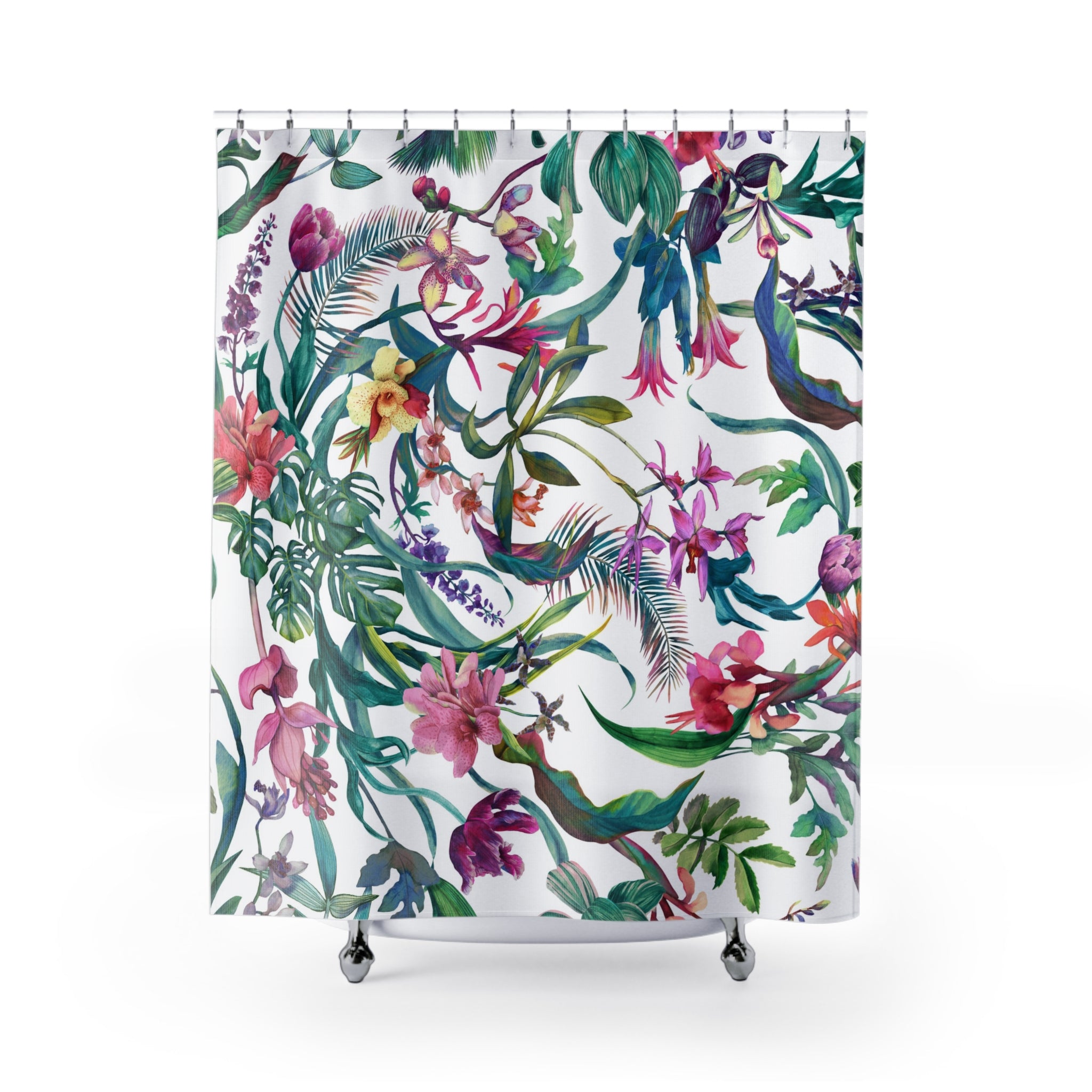 Floral Shower Curtain | Jungle Tropical Curtain, White Green Pink