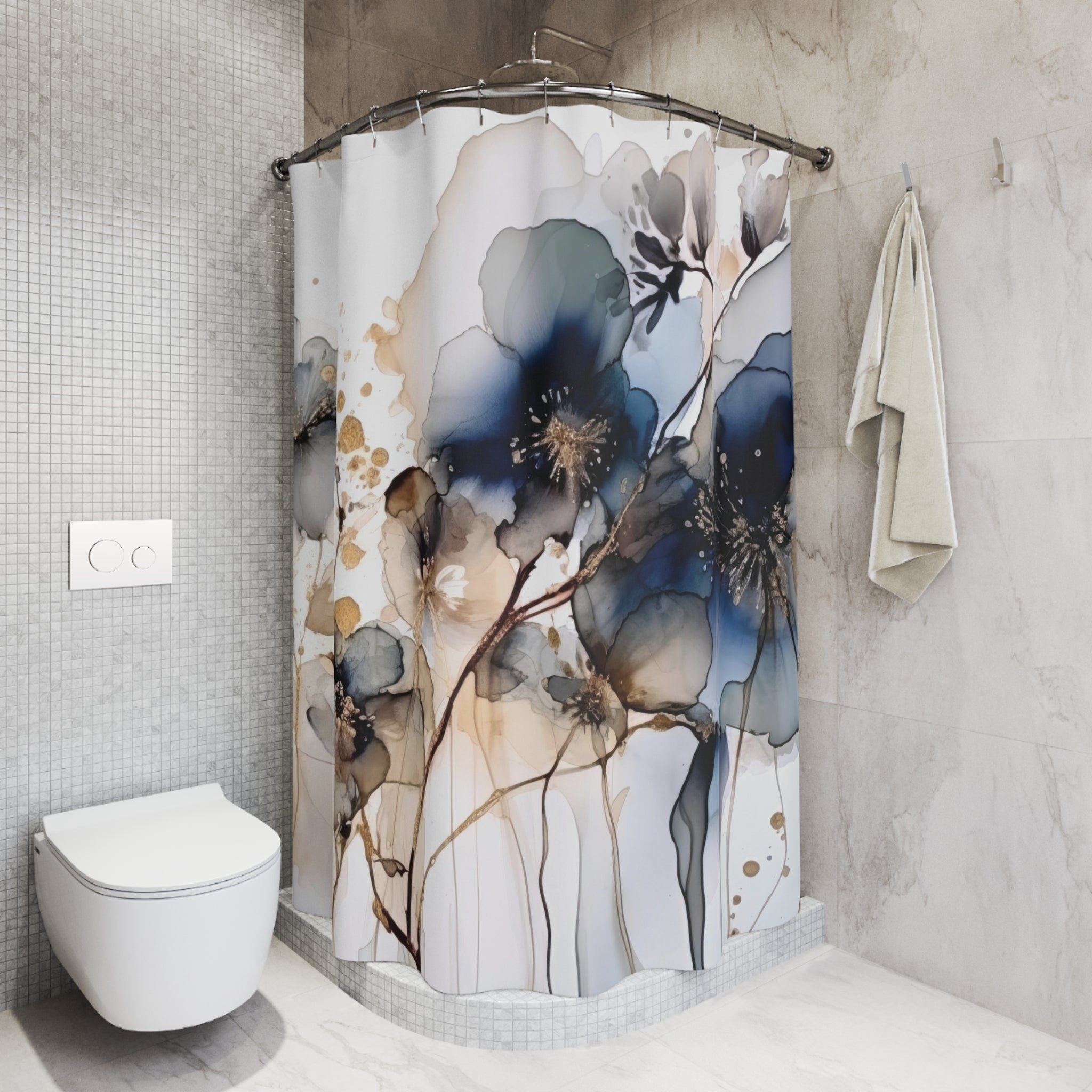 Abstract Floral Shower Curtain | Navy Blue, Beige Ombre