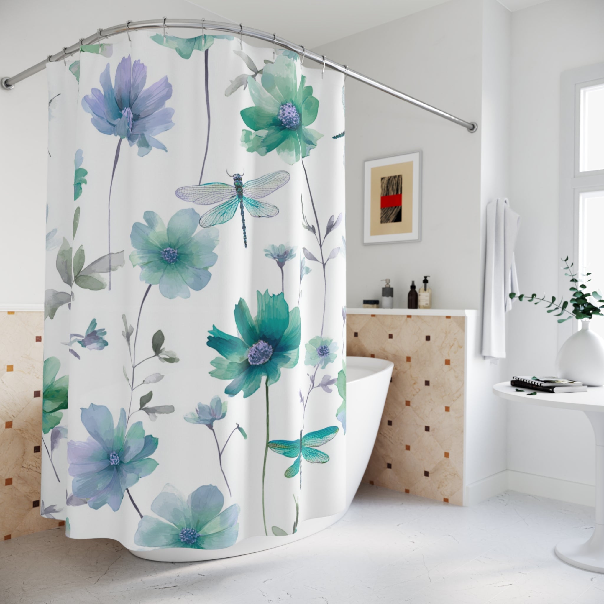 Floral Shower Curtain | Garden, Dragonfly, Spa Bathroom Decor
