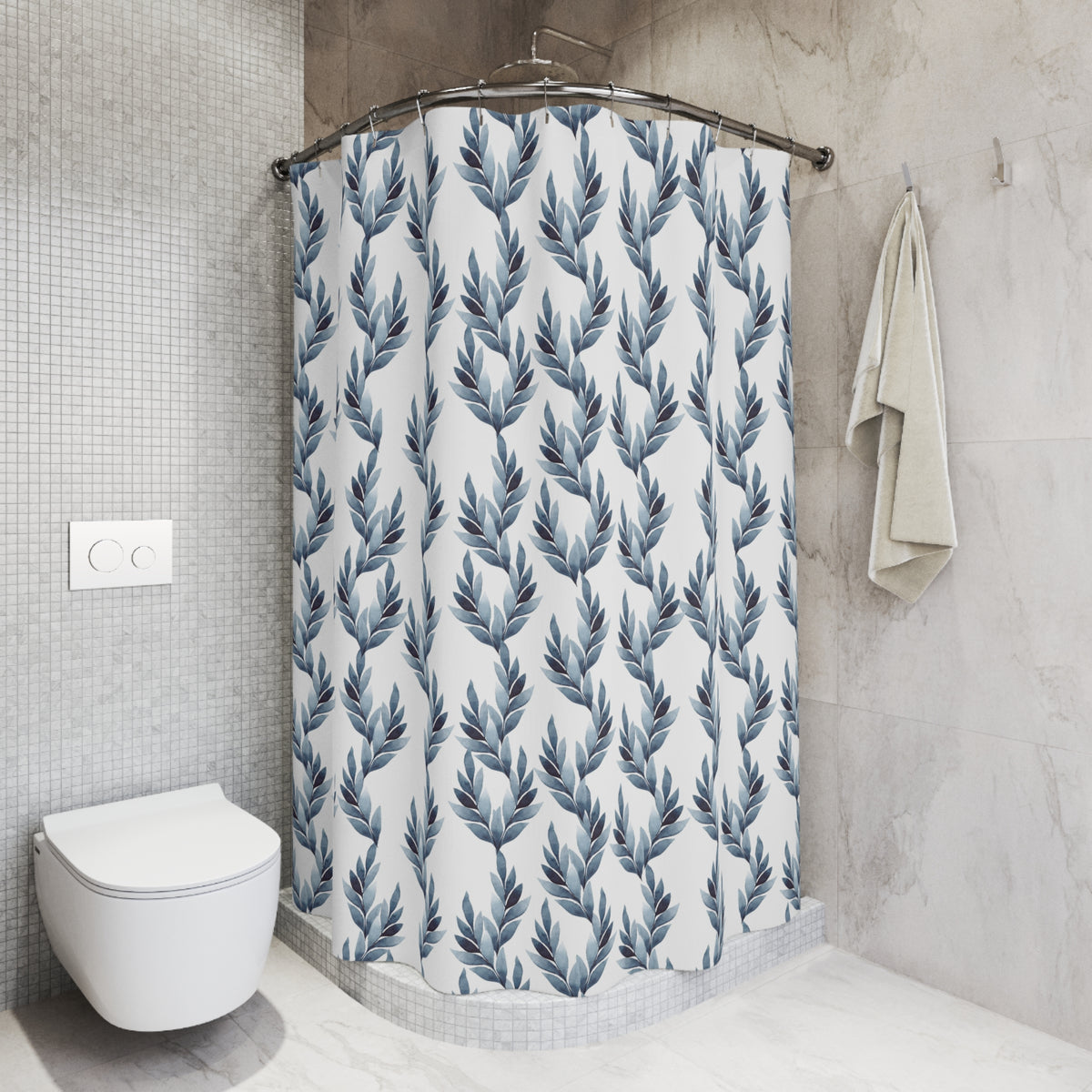 Slate Blue Fern Stripe Shower Curtain, Bath Curtain 71x74