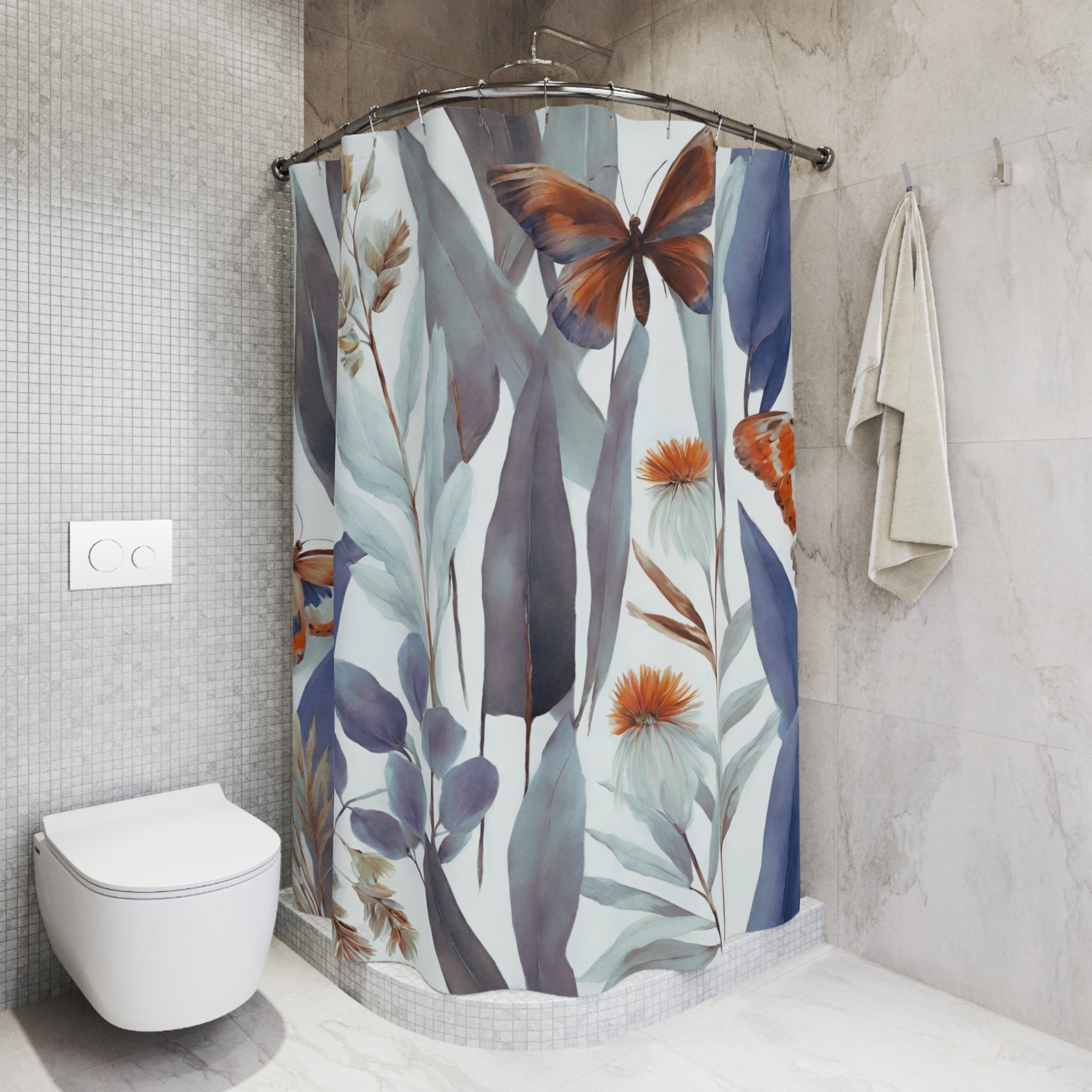 Boho Shower Curtain | Abstract Blue White, Orange Butterflies