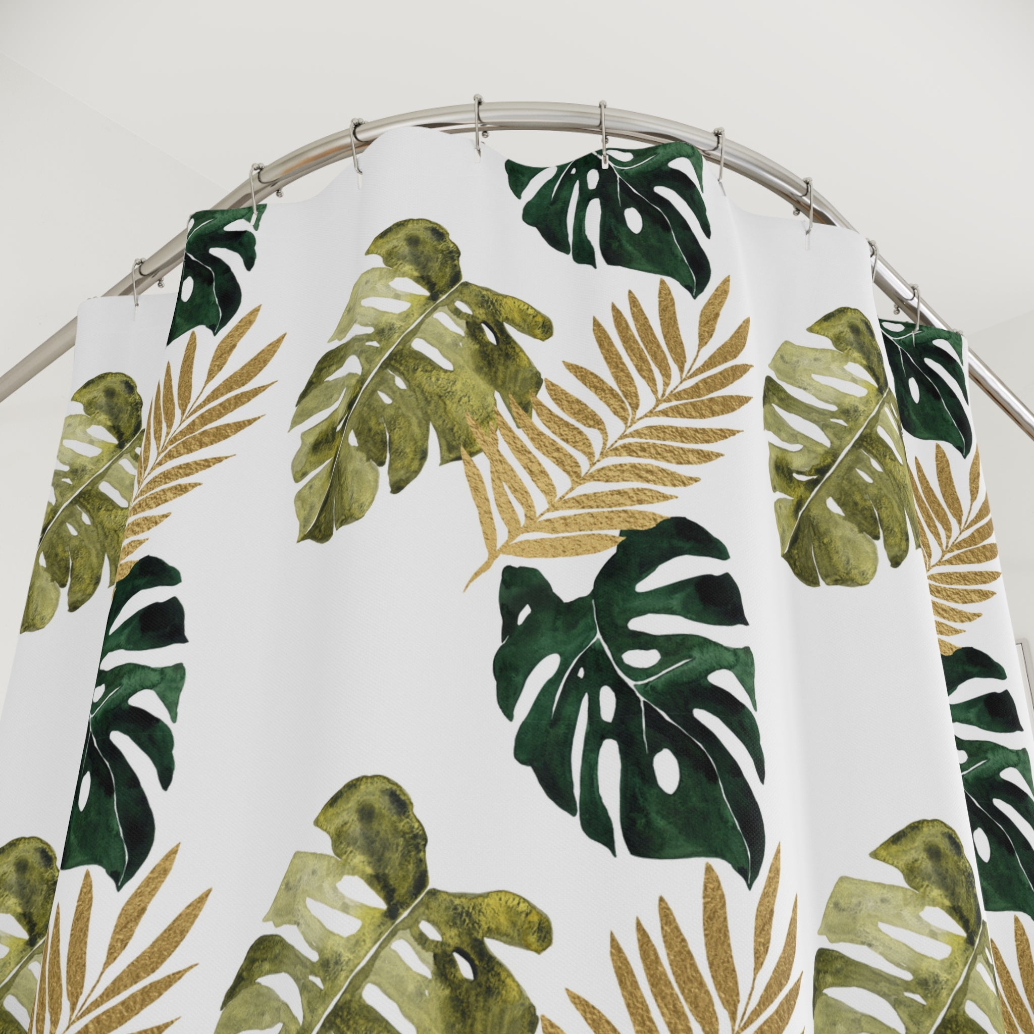Boho Shower Curtain | Sage Green White Monster Leaves Fabric Curtain