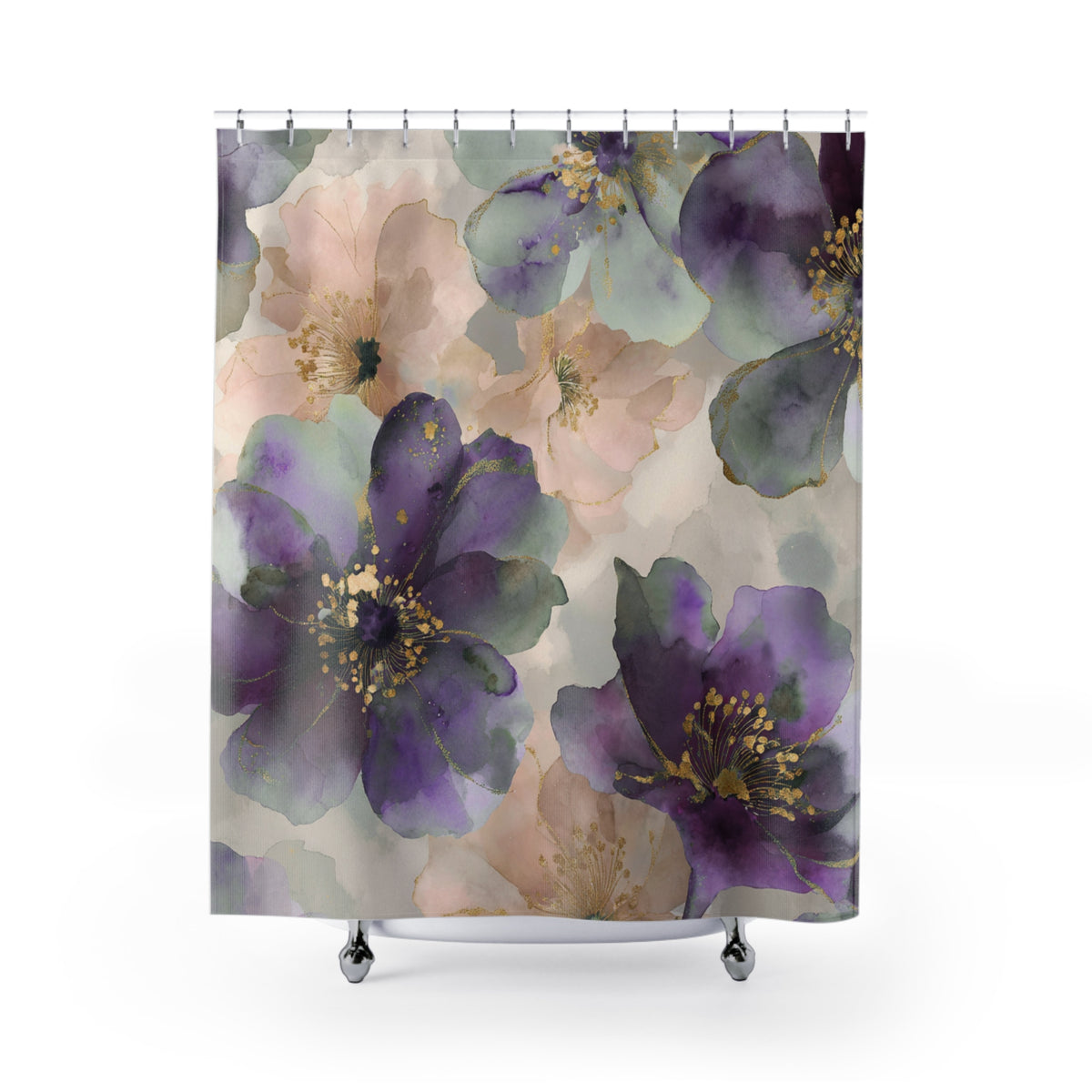 a shower curtain with a floral pattern of purple and green flowers.