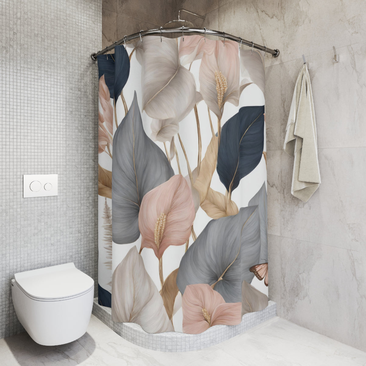 a bathroom with a shower curtain adorned with a floral pattern in shades of pink, blue, and gray. The shower curtain is hanging on a rod next to a towel, and there is a toilet visible in the corner of the room.