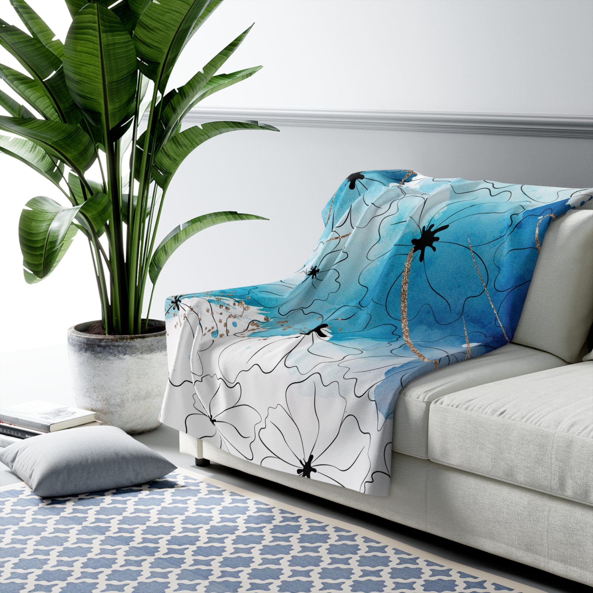 Abstract Throw Blanket | Teal Blue Ombre White Black
